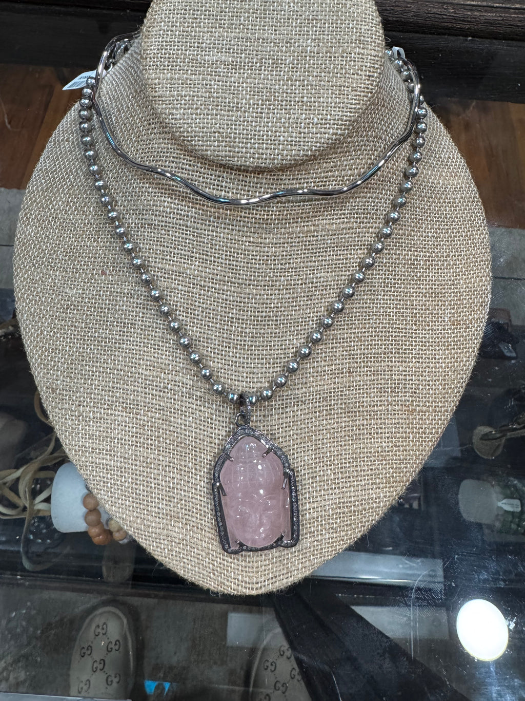 Rose Quartz Diamond Buddha Necklace