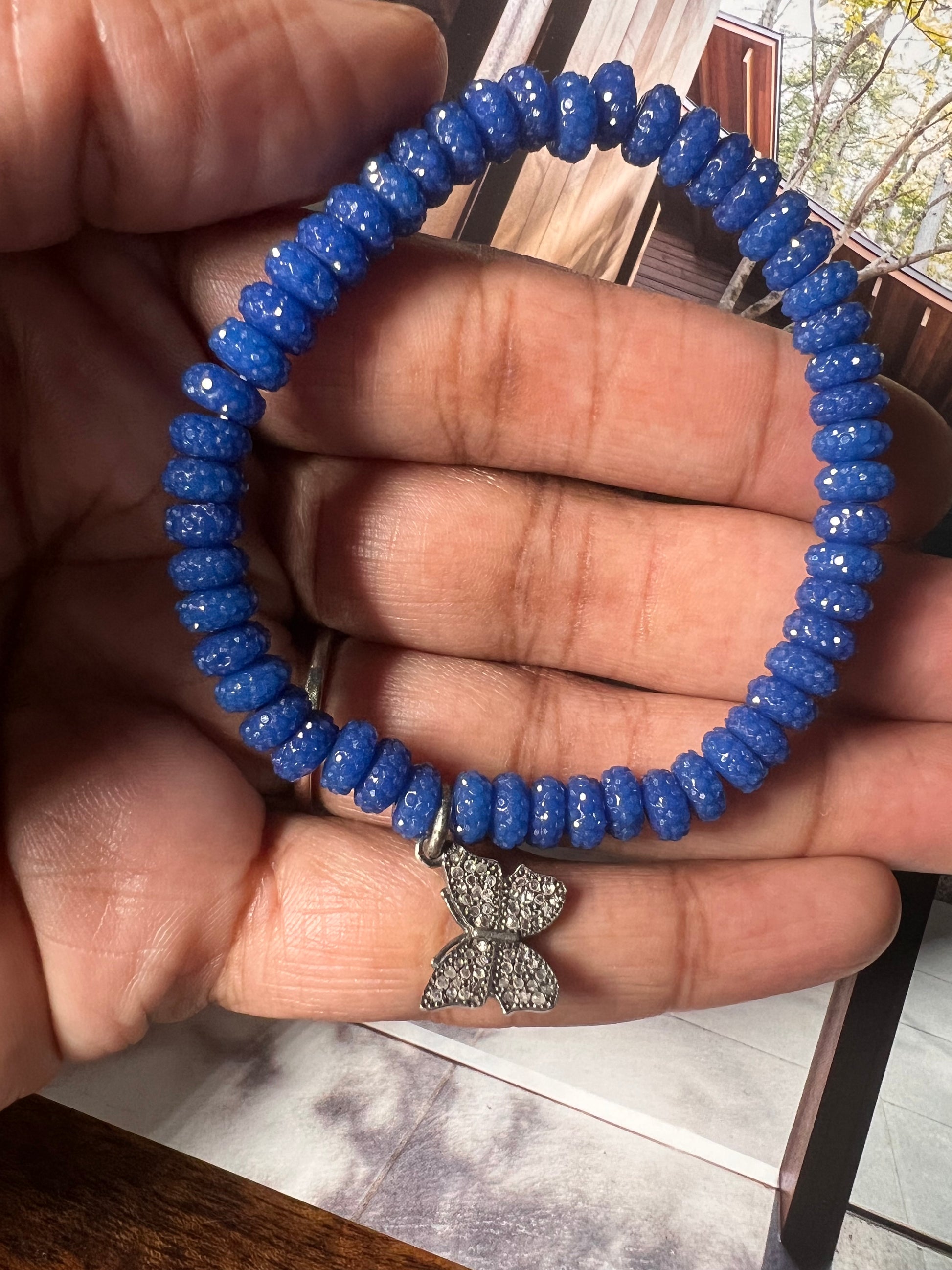 True Blue Sugar Bead bracelet w/ diamond butterfly charm