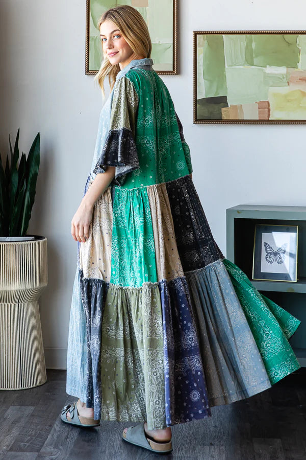 Kris Patchwork Ruffle Sleeve Shirt Maxi Dress