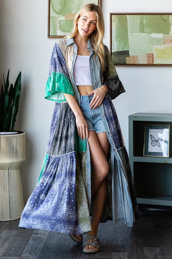 Kris Patchwork Ruffle Sleeve Shirt Maxi Dress