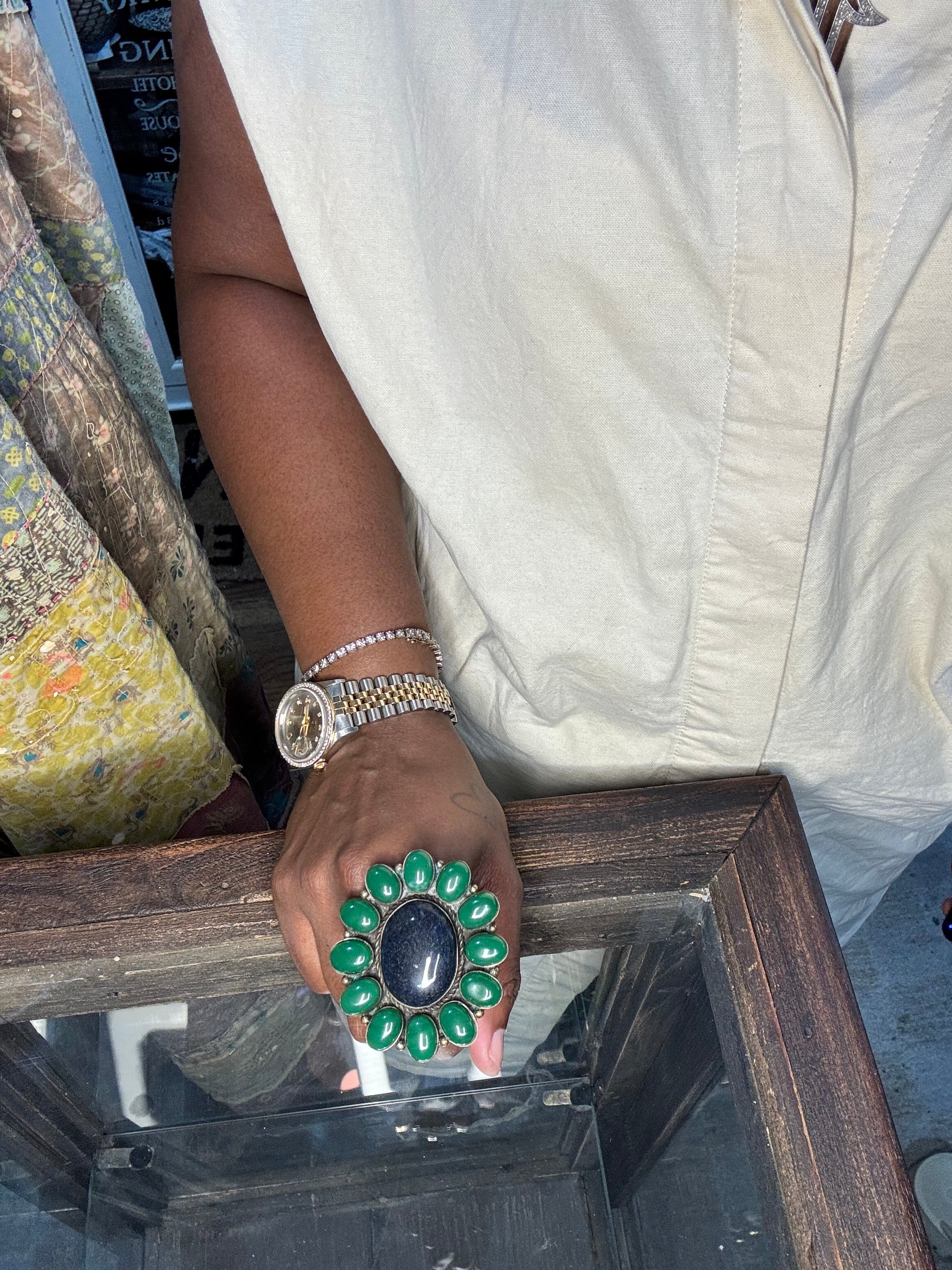 Mae Navy and Hunter Green Agate Flower Ring