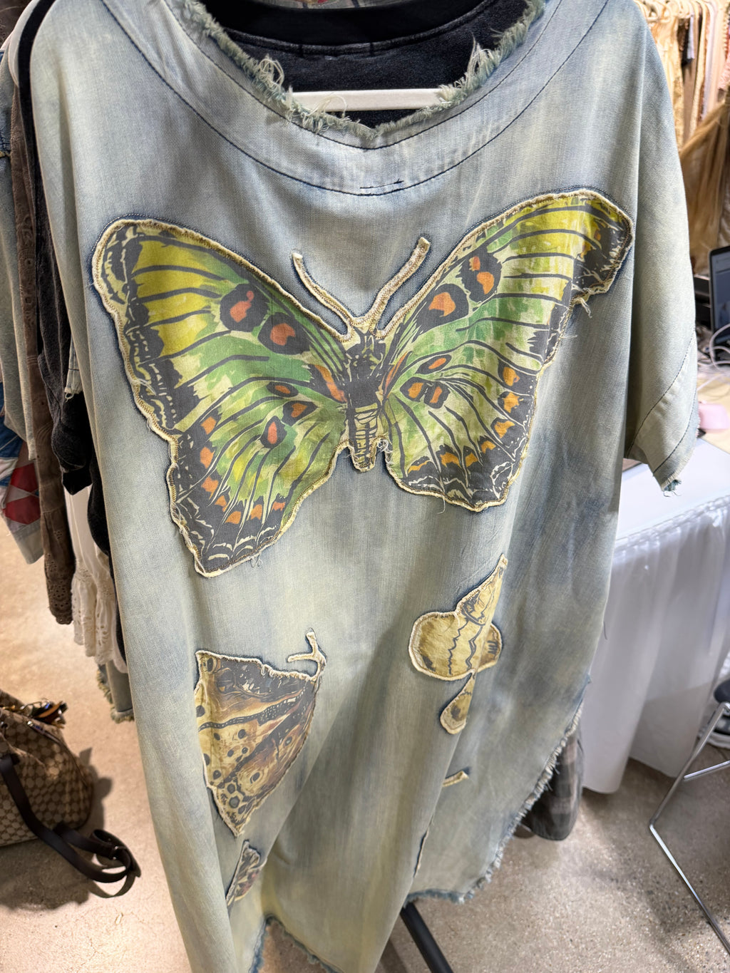 Butterfly Patchwork High-Low Denim Top