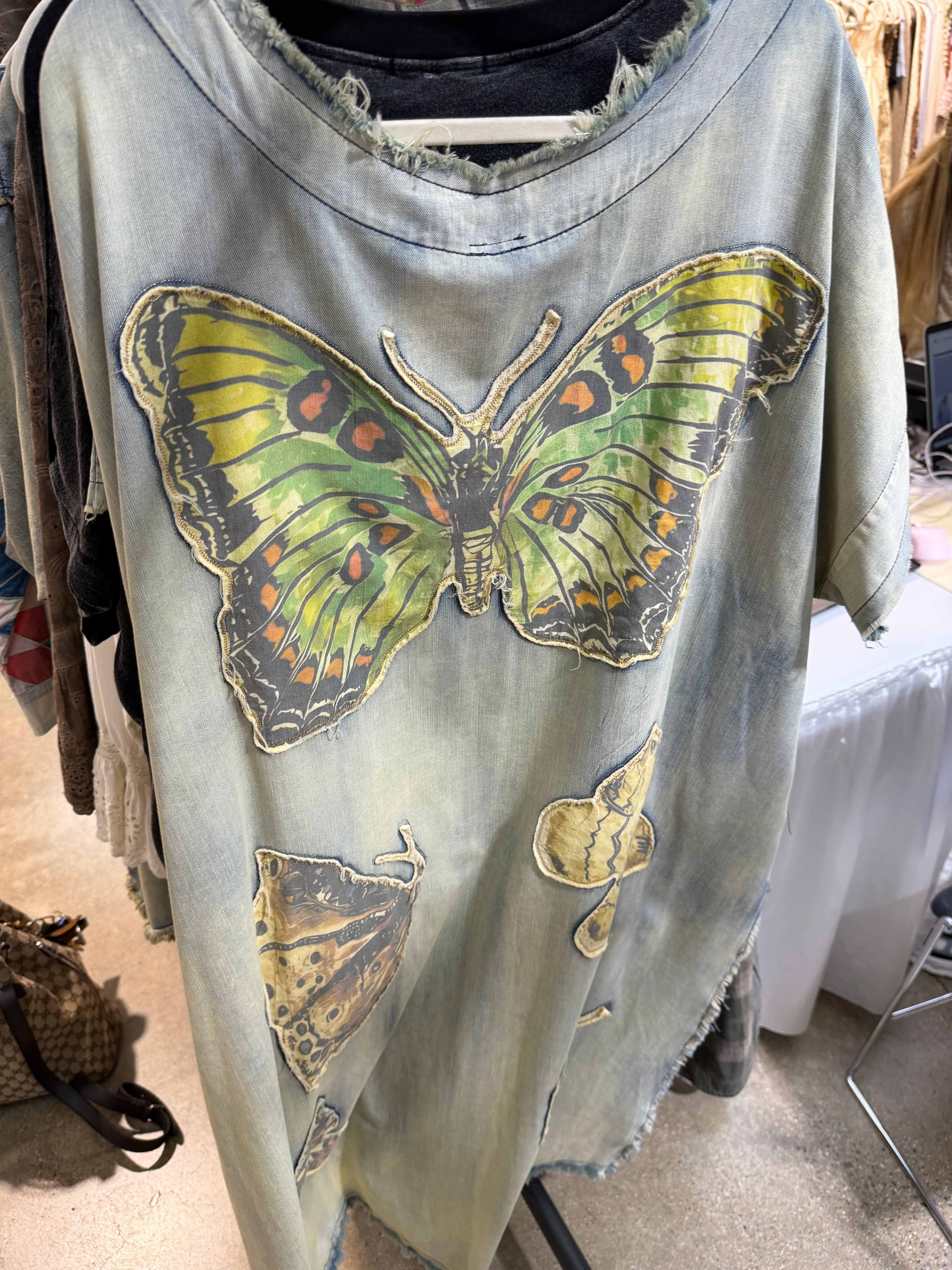 Butterfly Patchwork High-Low Denim Top