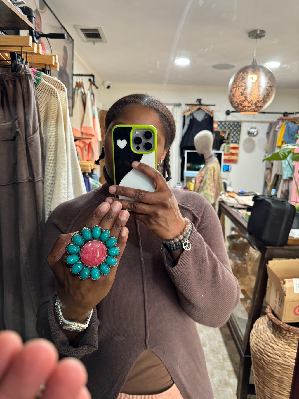 Pink Tourmaline and African Turquoise Flower Ring