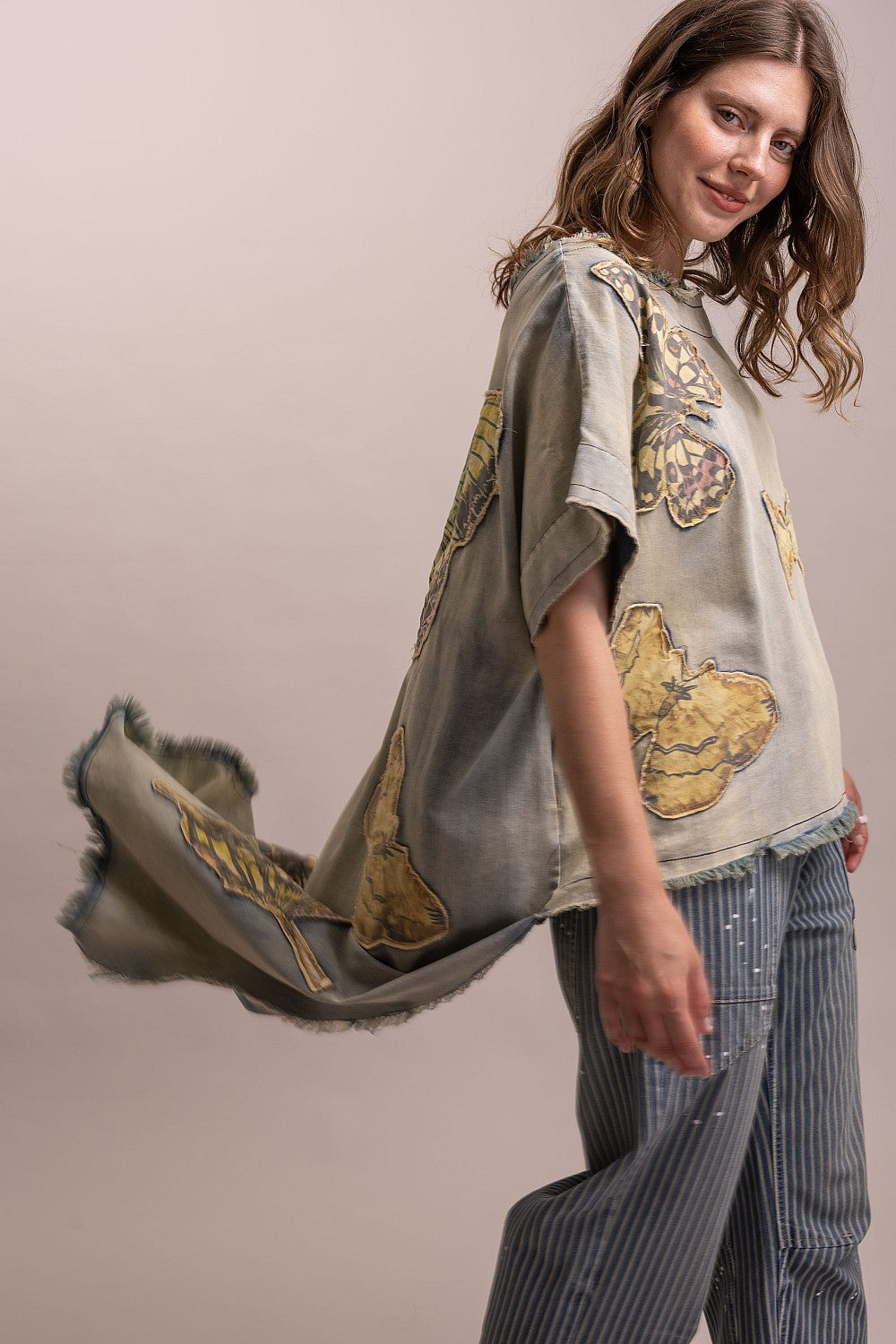 Butterfly Patchwork High-Low Denim Top