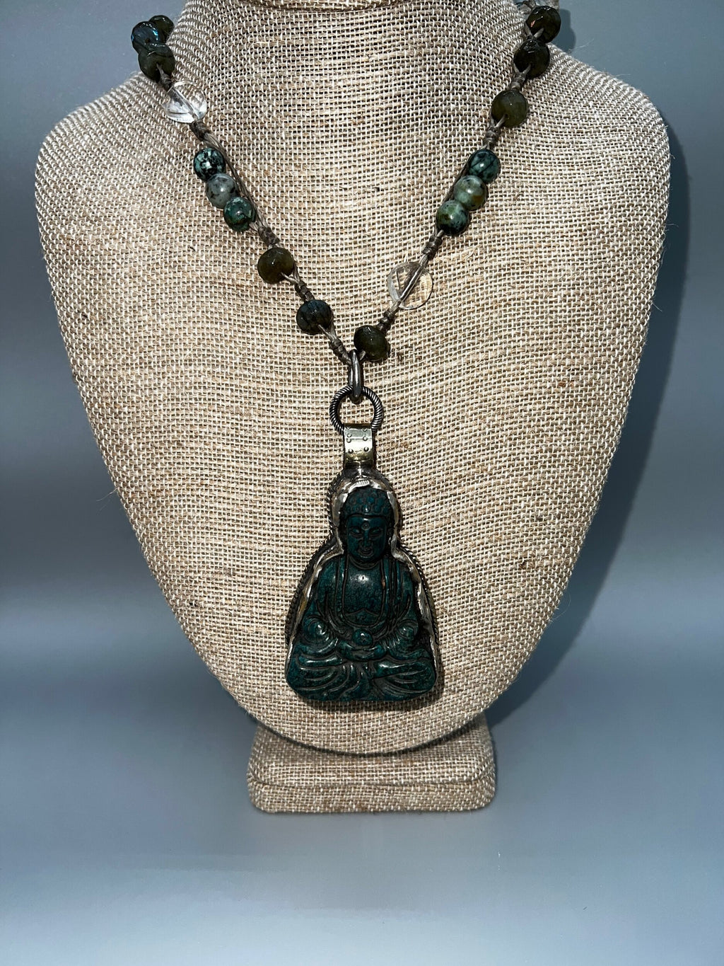 Green Tibetan Buddha Necklace on Bead Chain