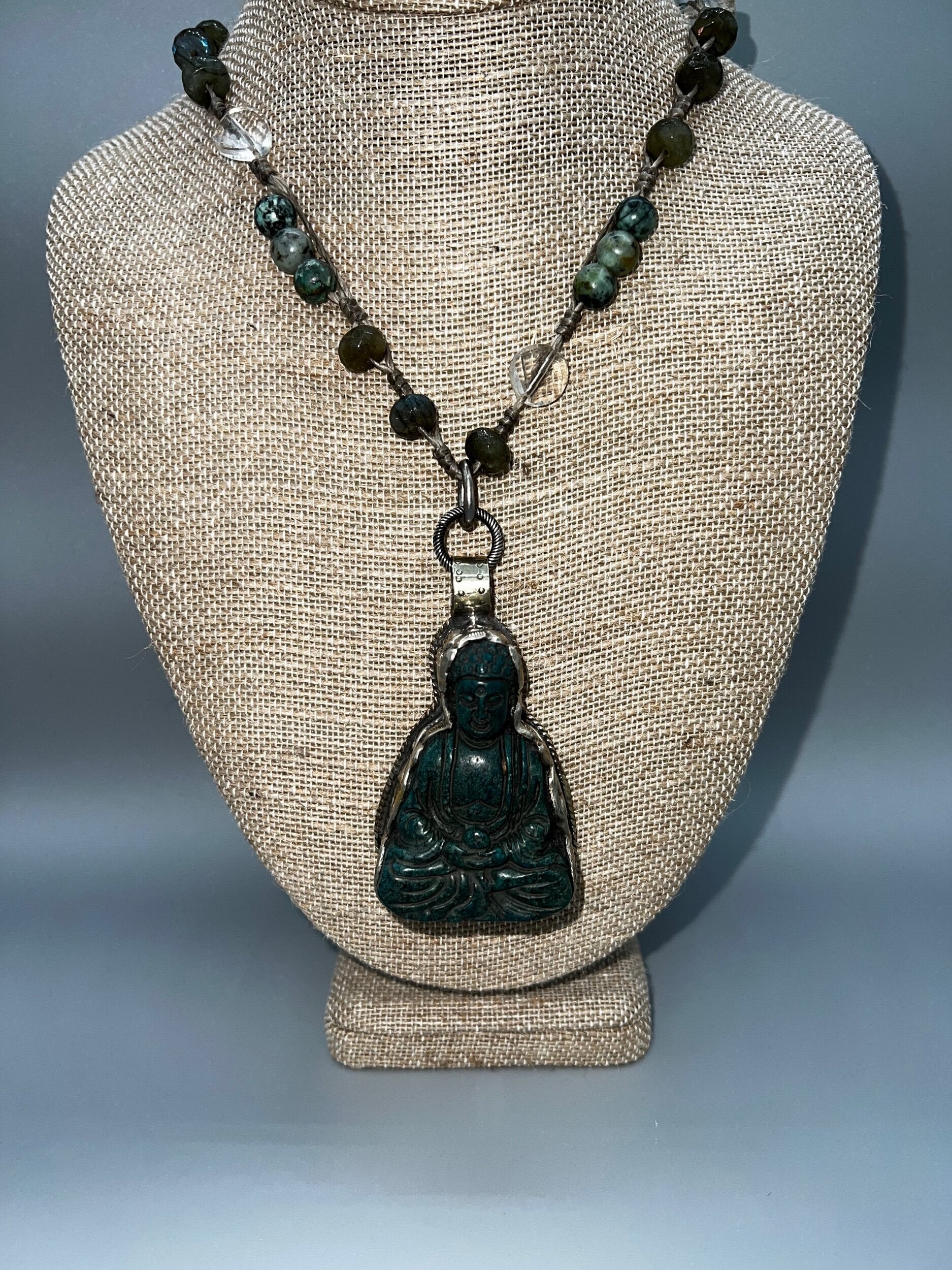 Green Tibetan Buddha Necklace on Bead Chain