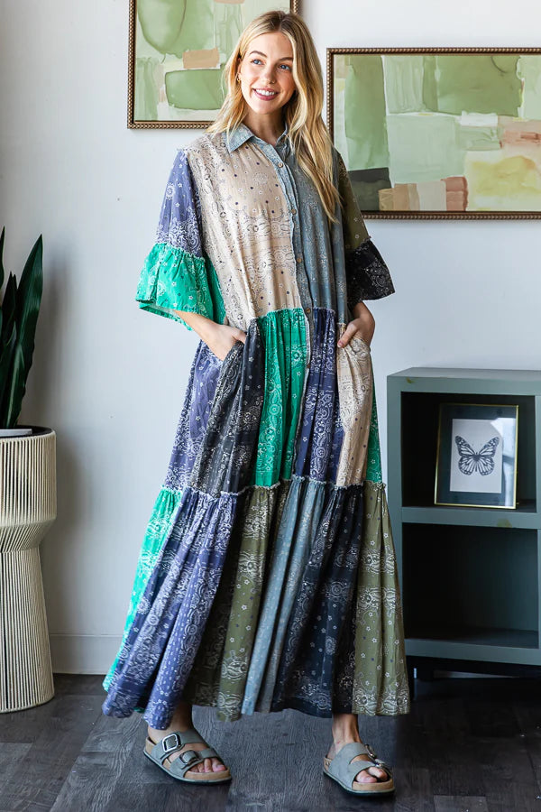 Kris Patchwork Ruffle Sleeve Shirt Maxi Dress