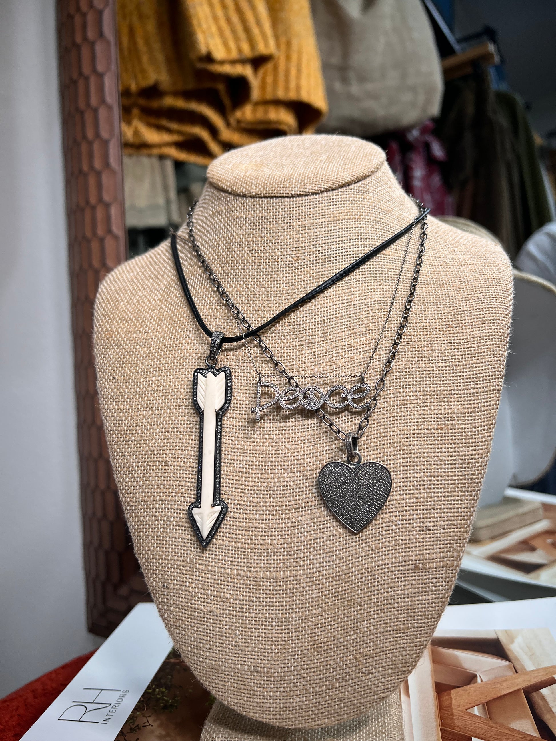 Bone Arrow, Peace, & Love Diamond Necklace