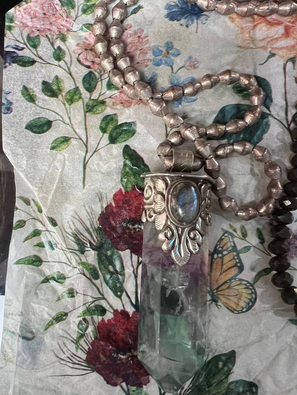 Tibetan Bead & Crystal Pendant Necklace