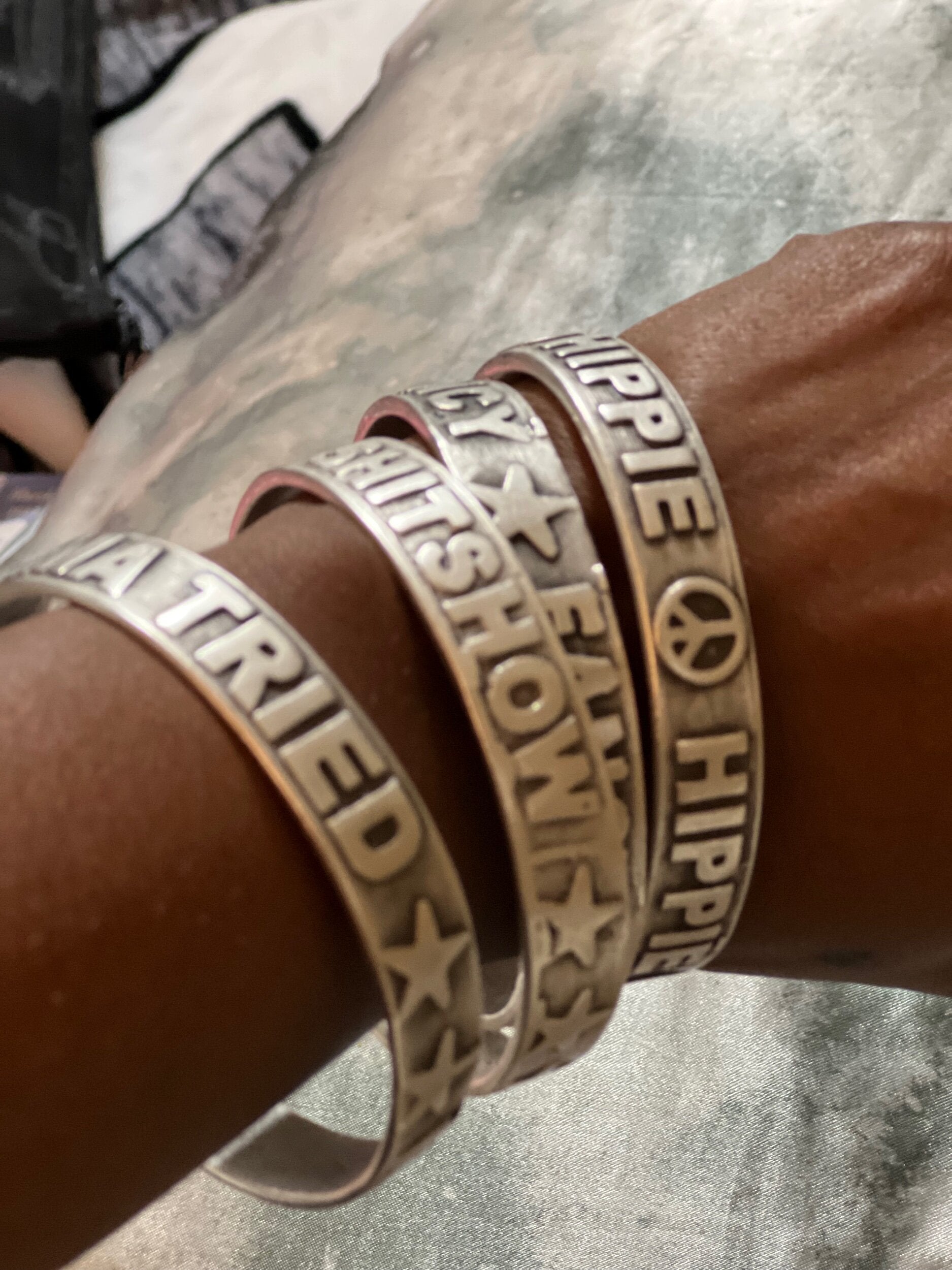 Silver Stamped  Word Bangles
