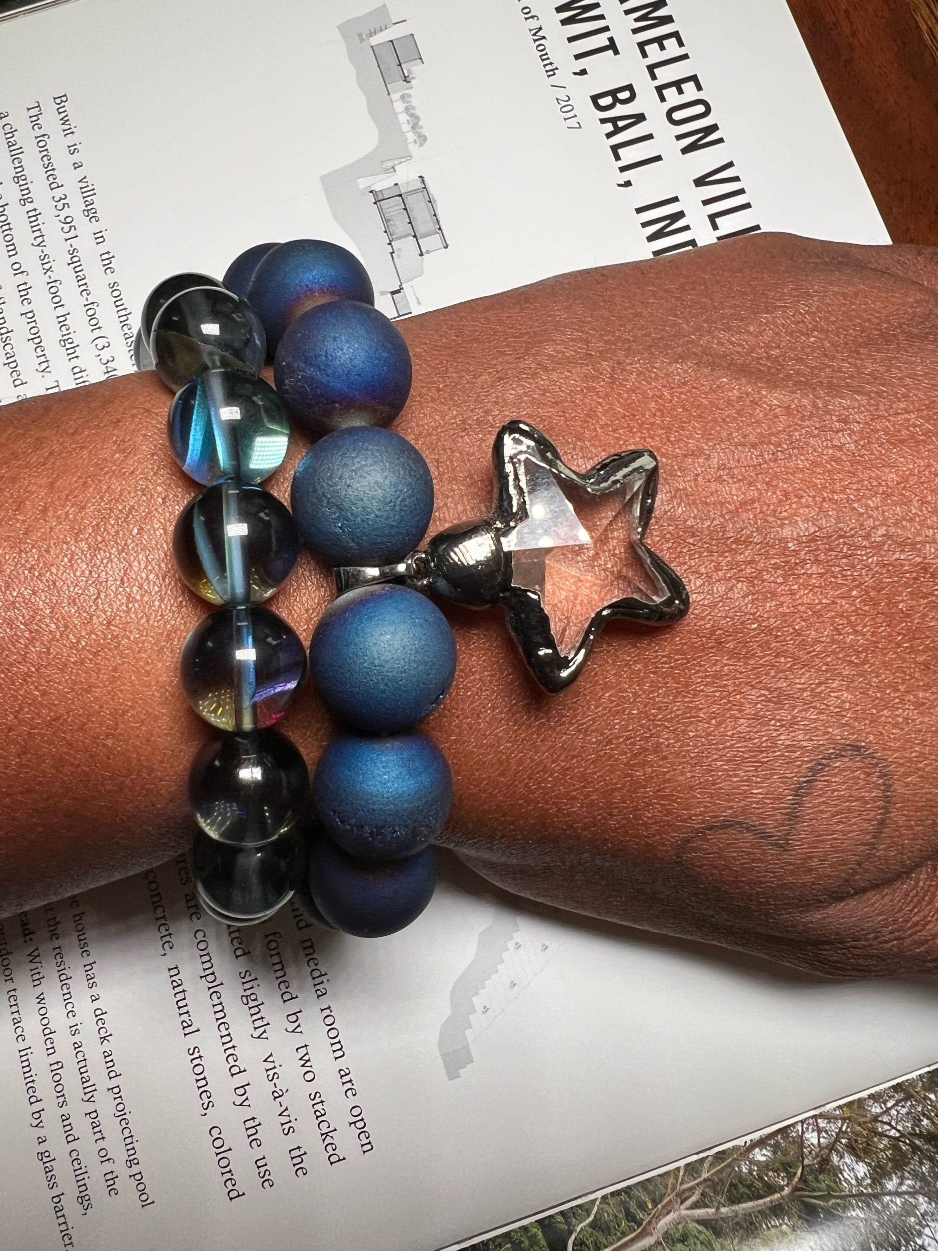 Dallas Blue Round Druzy Agate with Clear Star charm