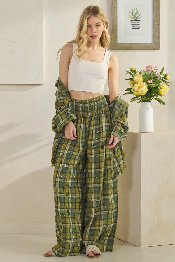Evan Washed Plaid Wide Leg Pant
