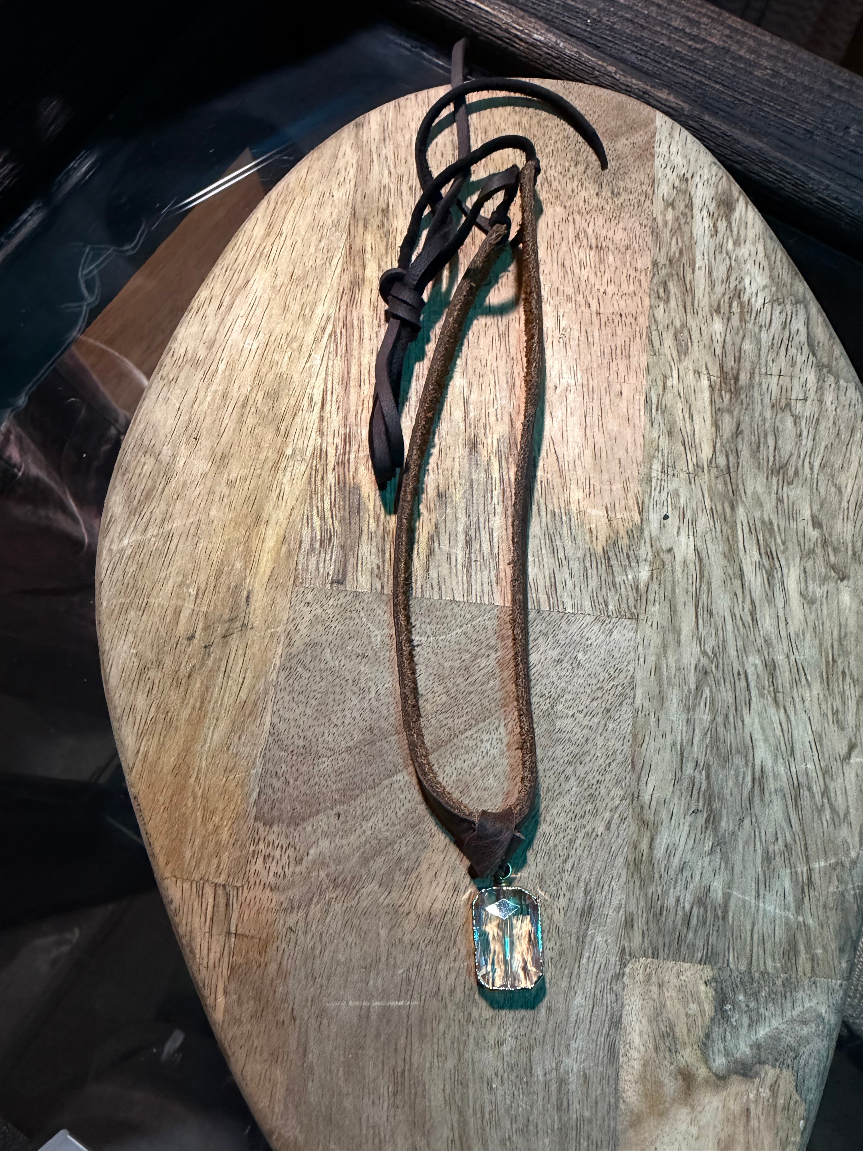 Leather Tie & Crystal Lined Bead Necklace (Brown Leather)