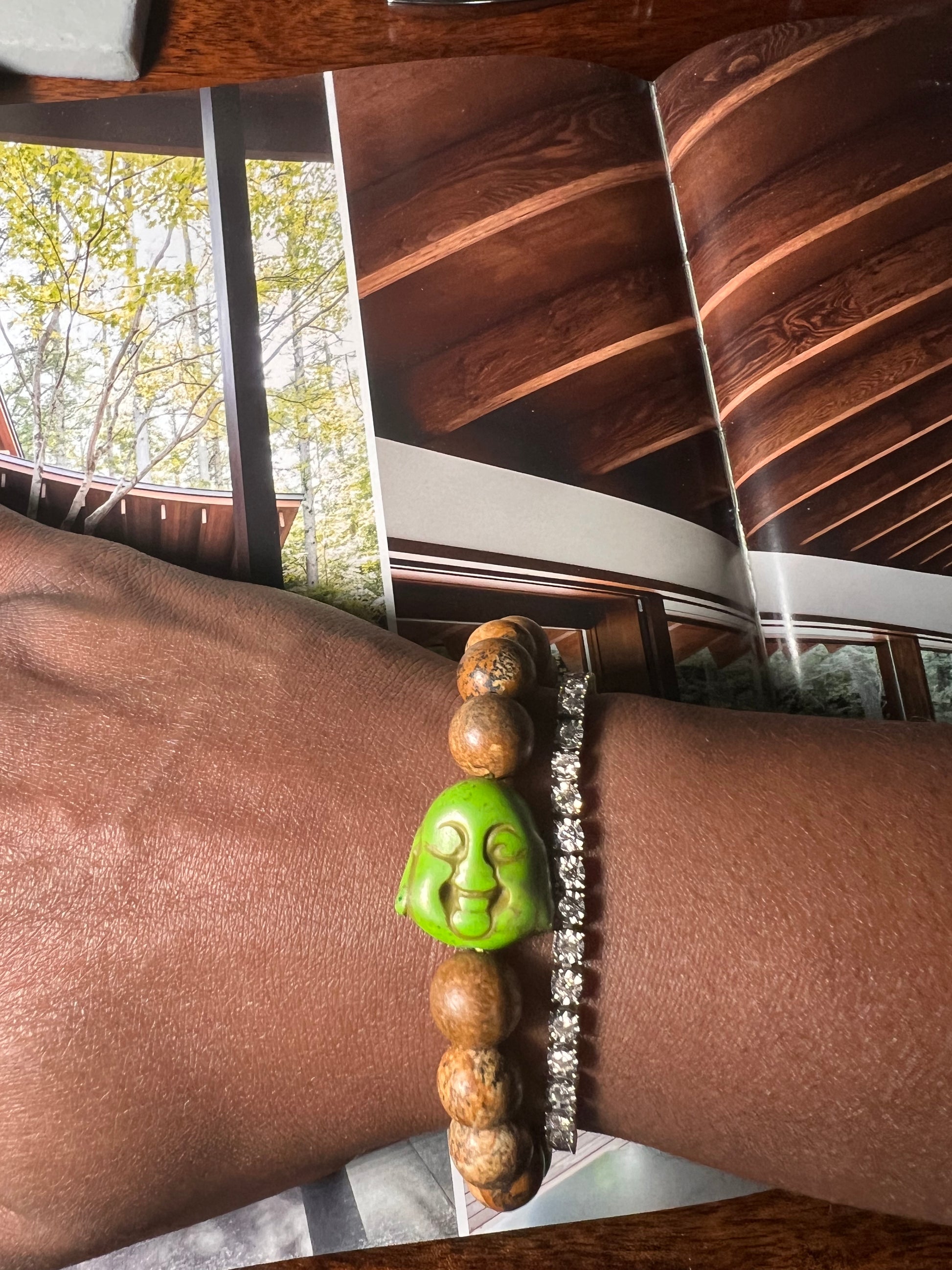 Picture Jasper Round beaded stretch bracelet w/ pear Buddha charm