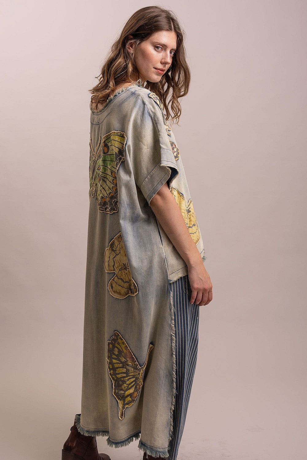 Butterfly Patchwork High-Low Denim Top