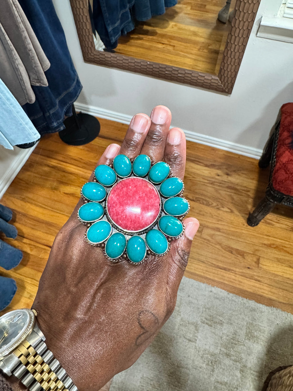 Pink Tourmaline and African Turquoise Flower Ring