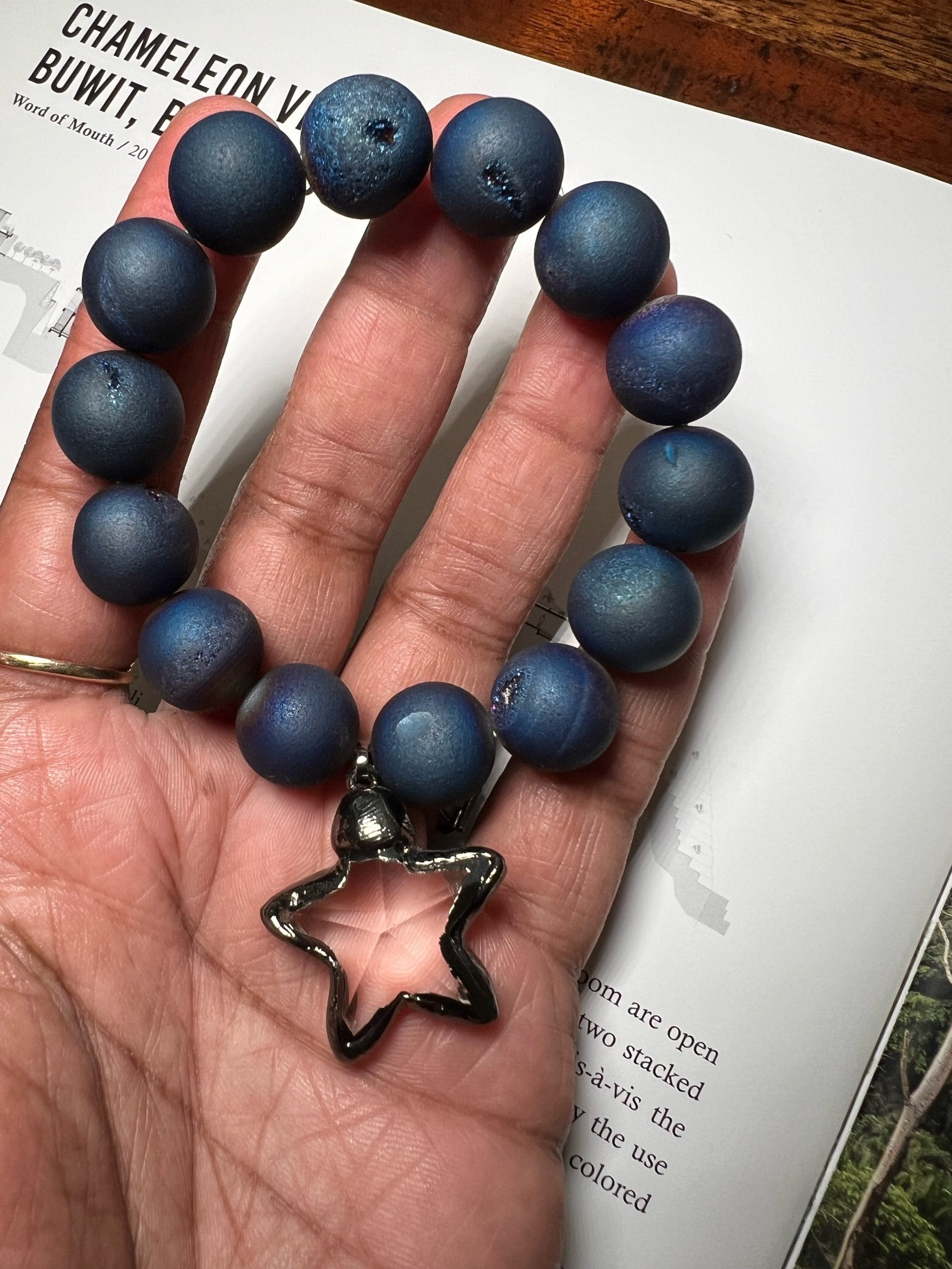 Dallas Blue Round Druzy Agate with Clear Star charm
