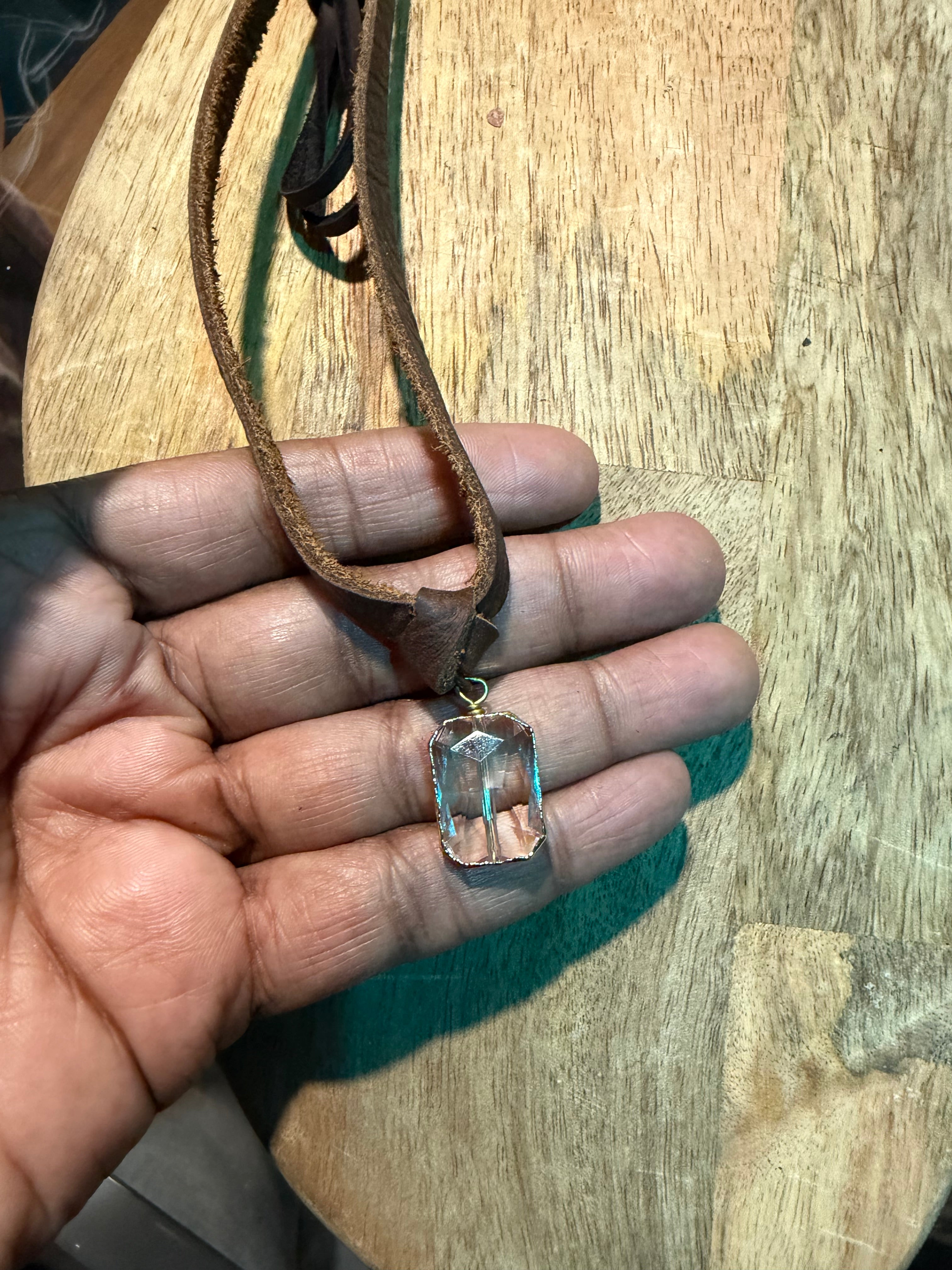 Leather Tie & Crystal Lined Bead Necklace (Brown Leather)