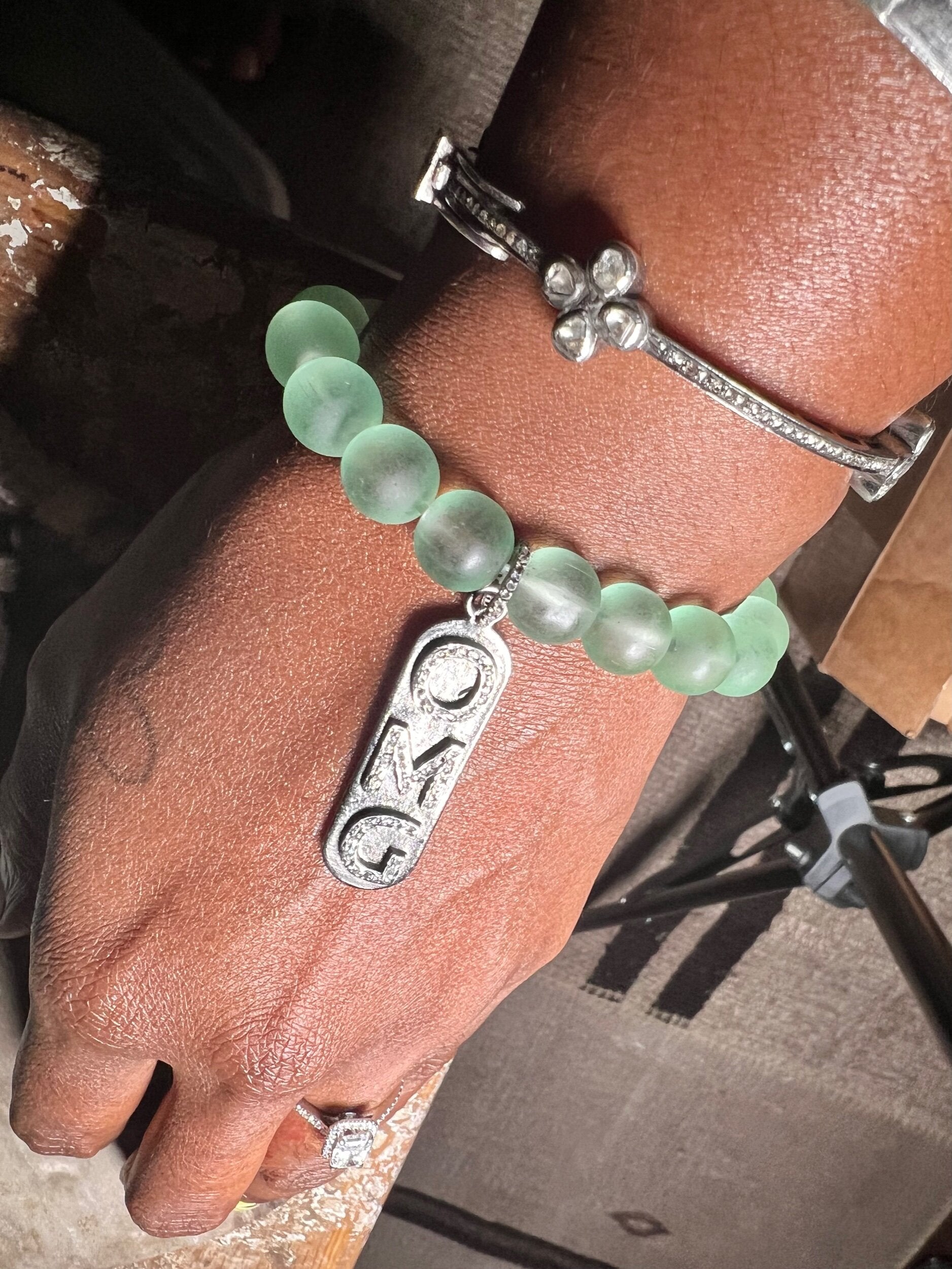 Light Azure Glass Bead Bracelet w/OMG charm (OAK)