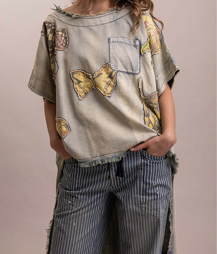 Butterfly Patchwork High-Low Denim Top