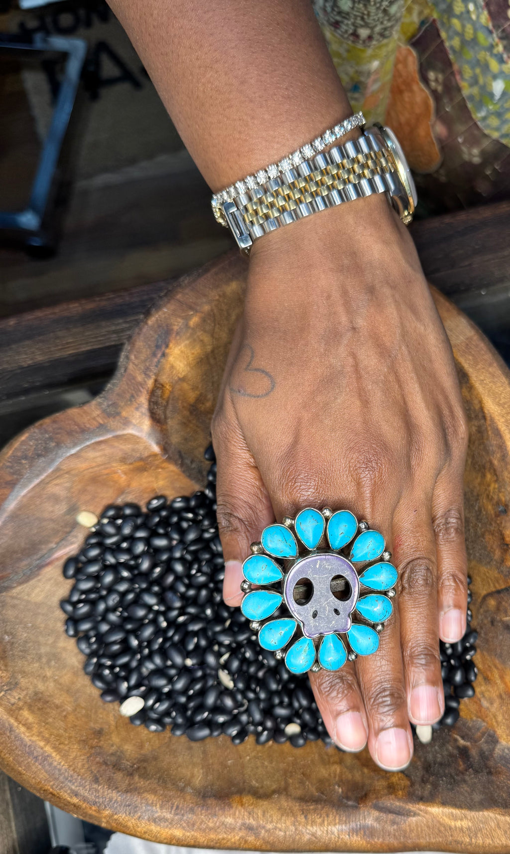 Skull & Flower Turquoise Ring