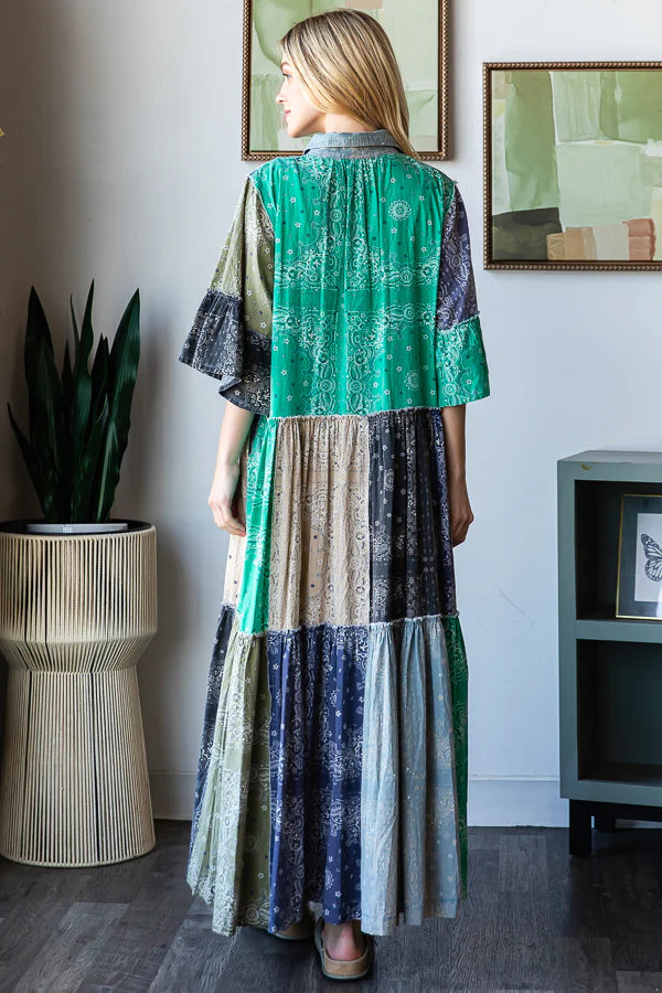 Kris Patchwork Ruffle Sleeve Shirt Maxi Dress