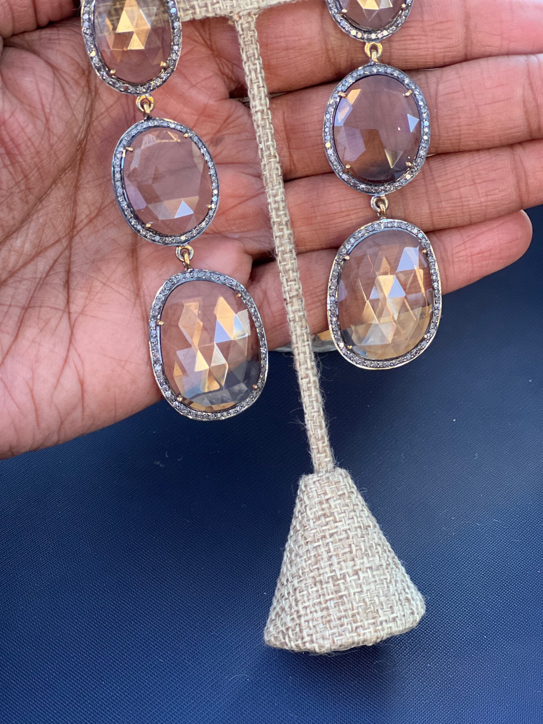 Smoky Topaz 3 drop diamond earrings