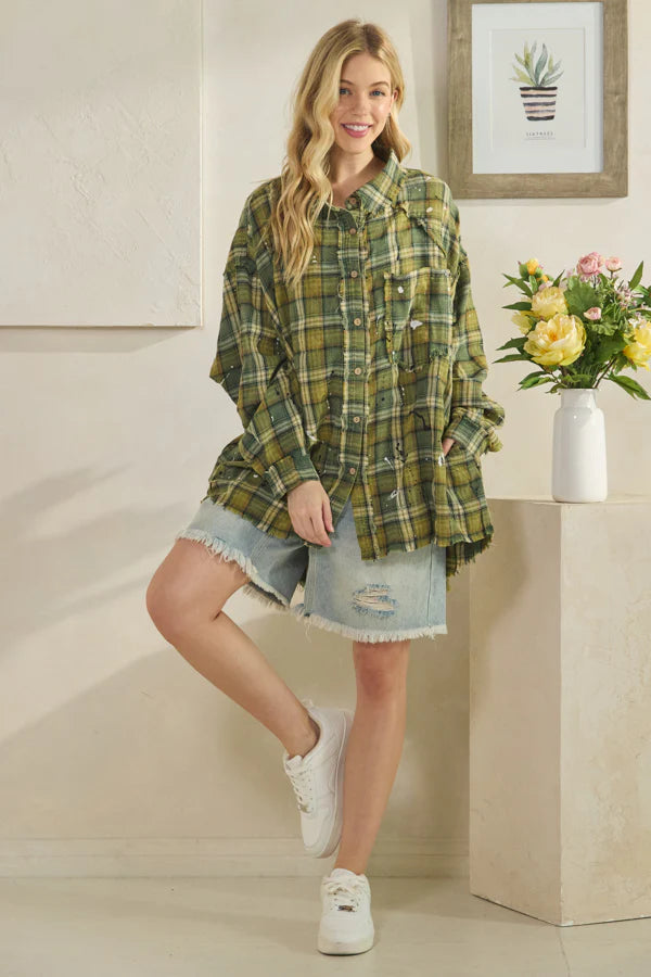 Evan Washed Plaid Button Long Sleeve Top