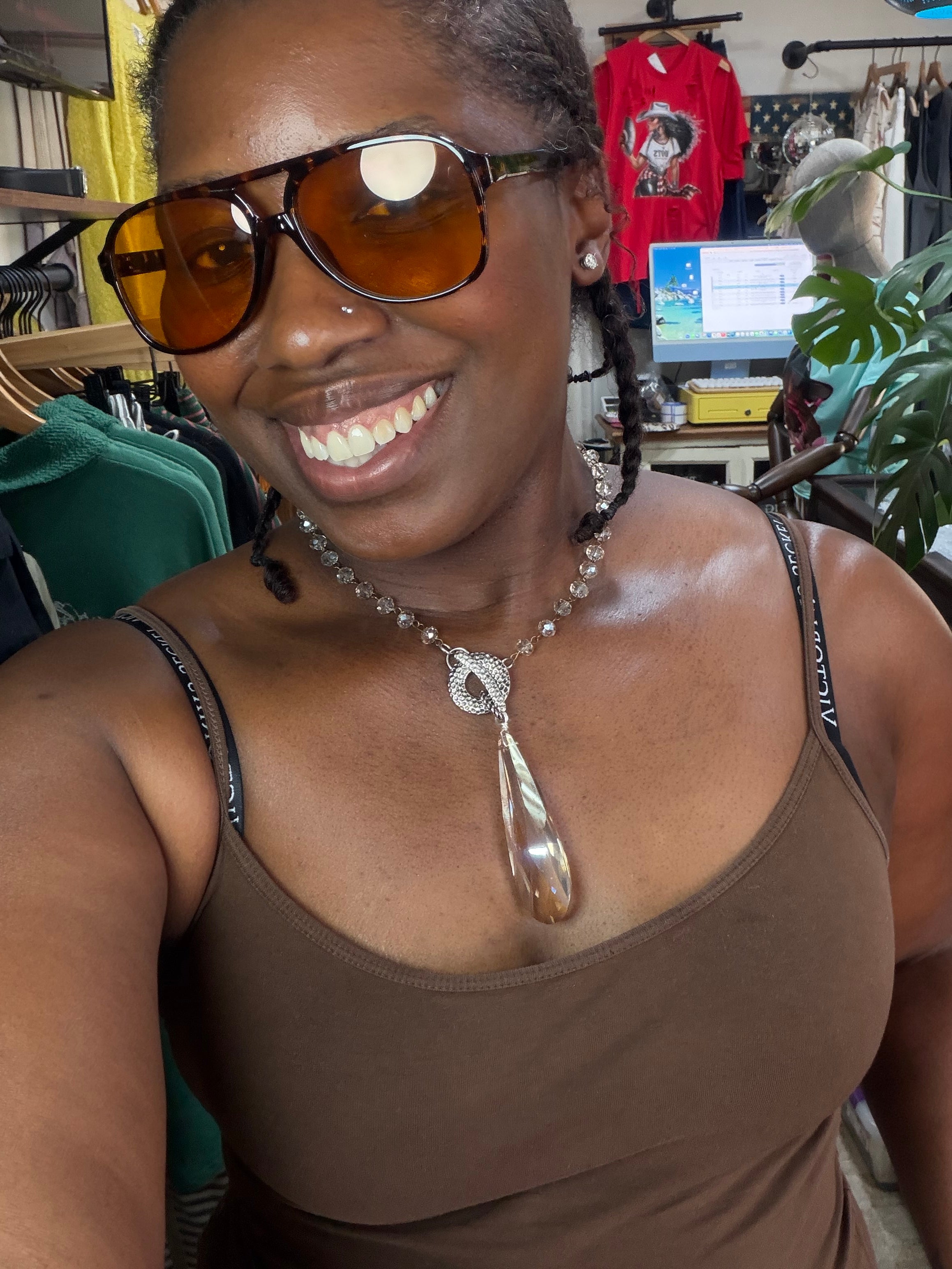 Crystal Faceted Pendant Necklace w/ Hammered Toggle