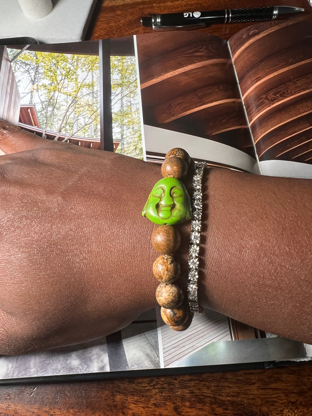 Picture Jasper Round beaded stretch bracelet w/ pear Buddha charm