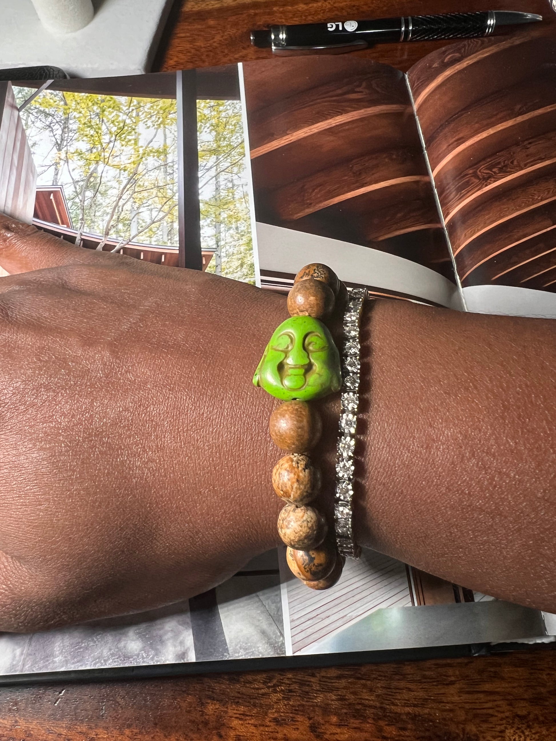 Picture Jasper Round beaded stretch bracelet w/ pear Buddha charm