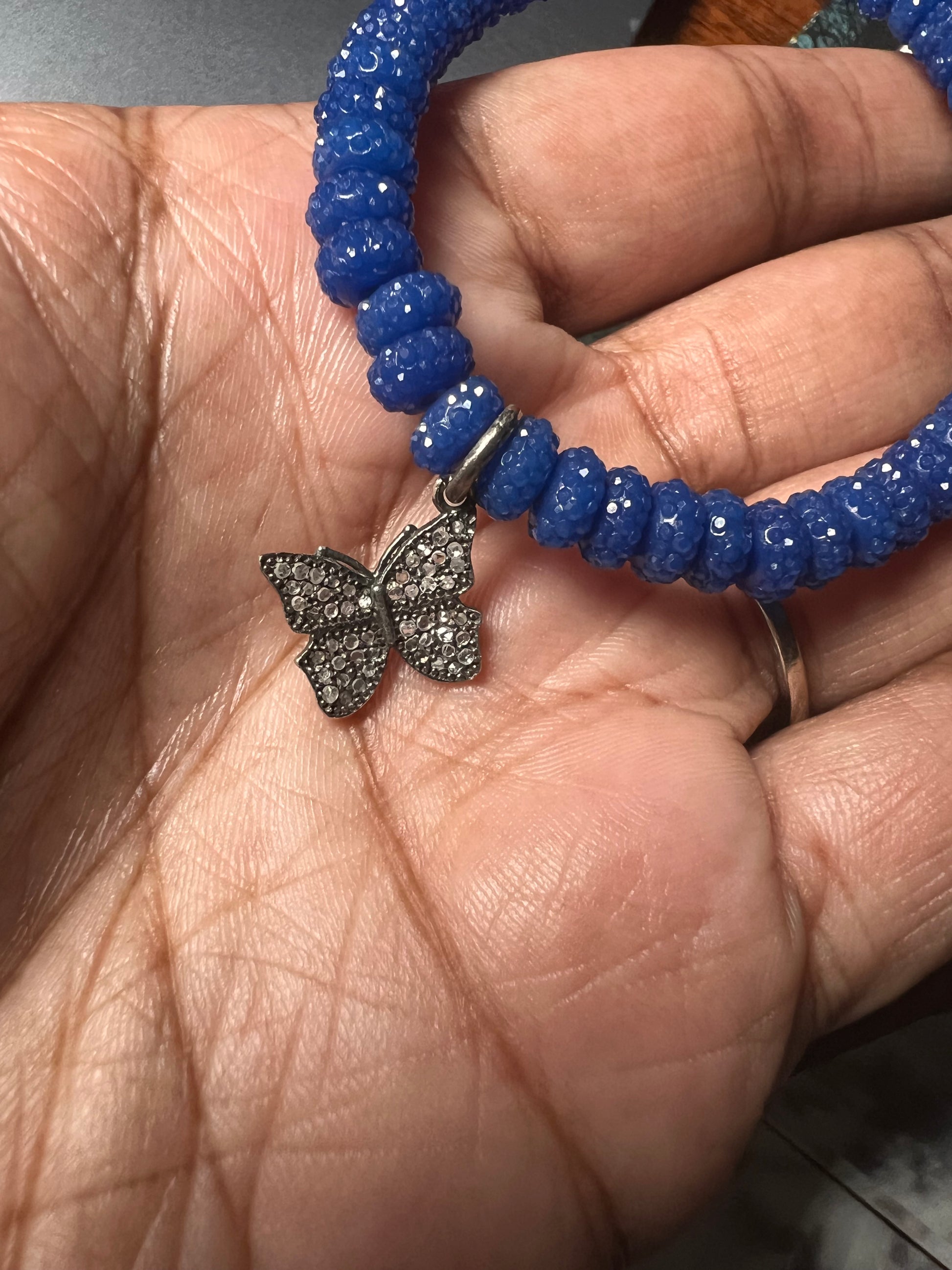 True Blue Sugar Bead bracelet w/ diamond butterfly charm