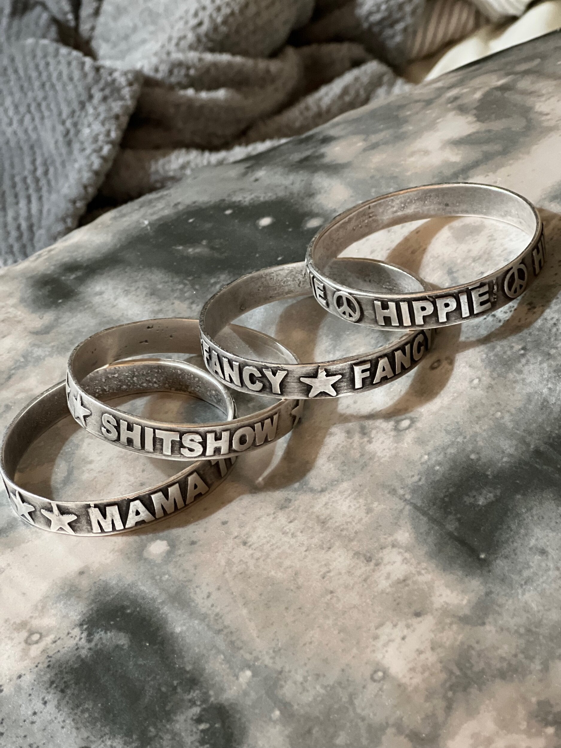 Silver Stamped  Word Bangles