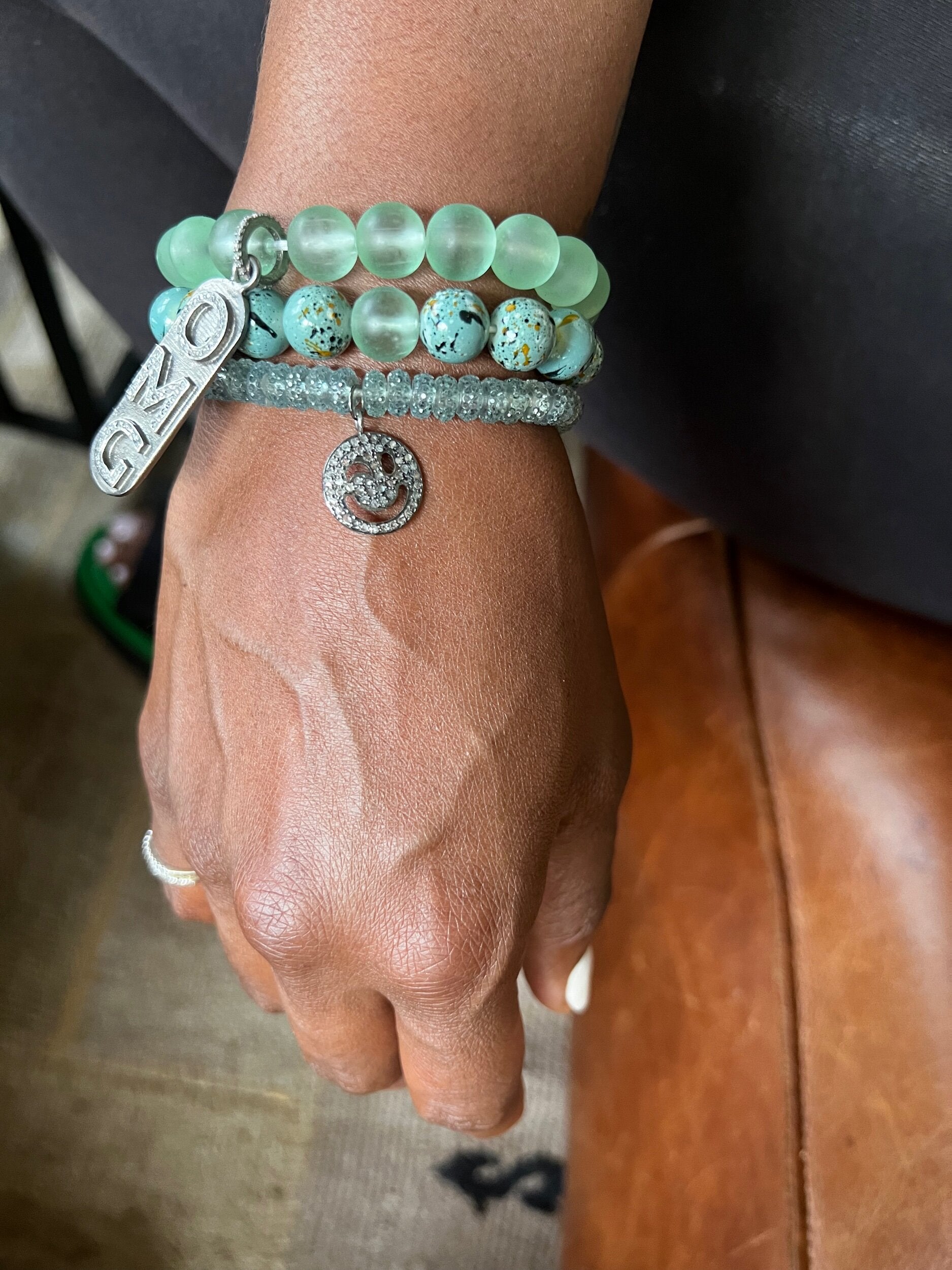Light Azure Glass Bead Bracelet w/OMG charm (OAK)