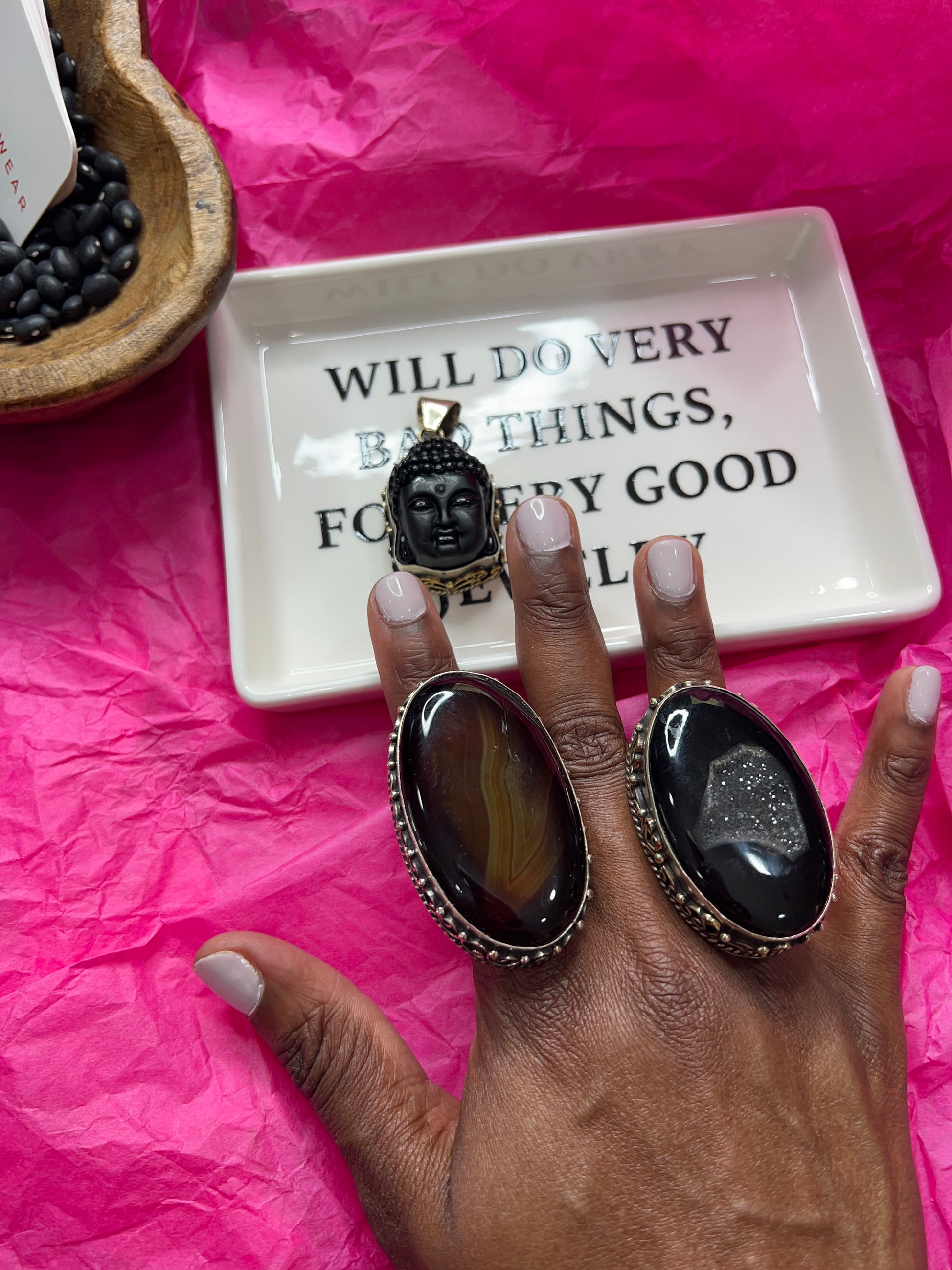 Black Druzy & Agate Ring
