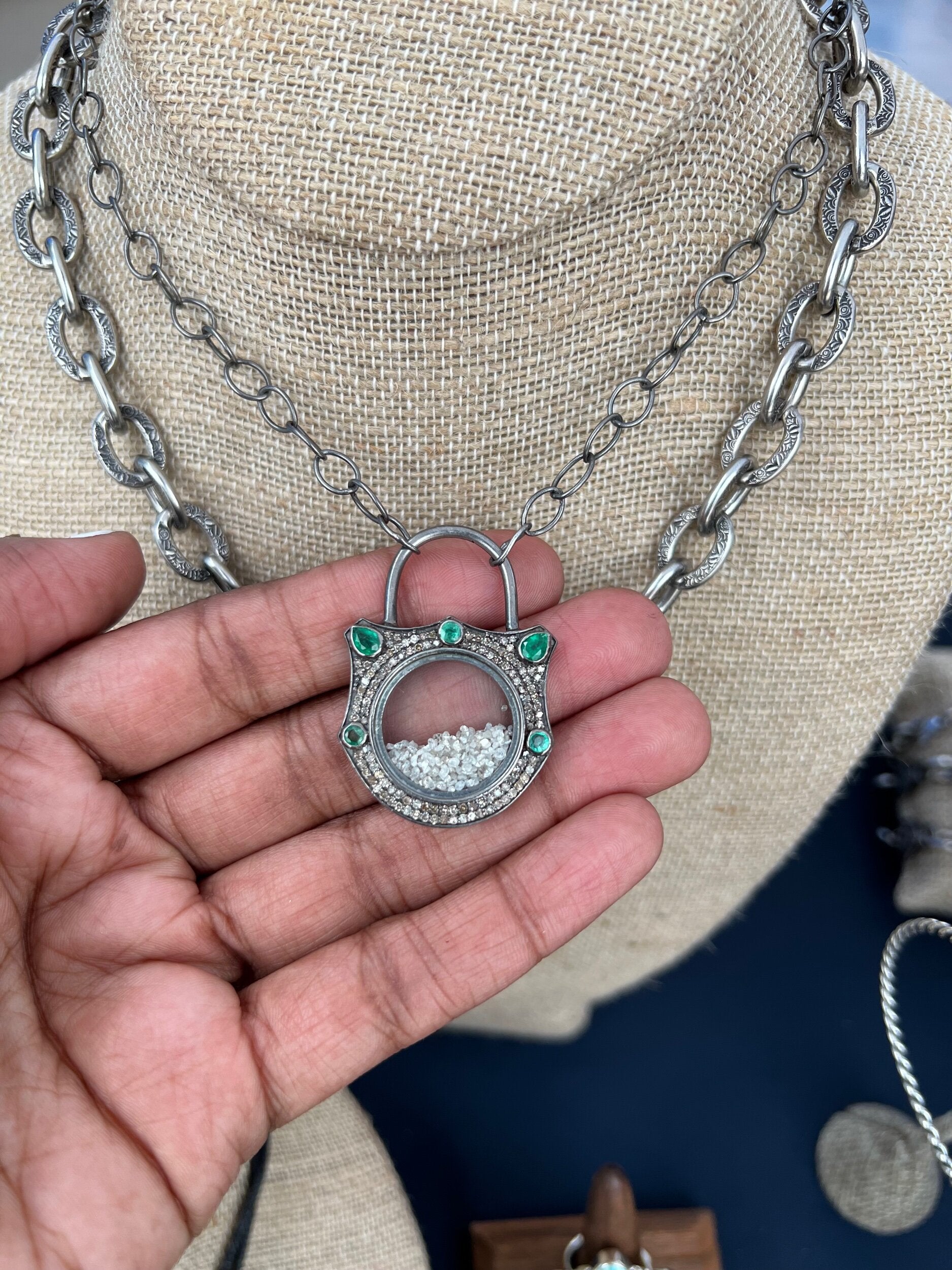 Peyton Emerald & Diamond Lock Necklace (OAK)
