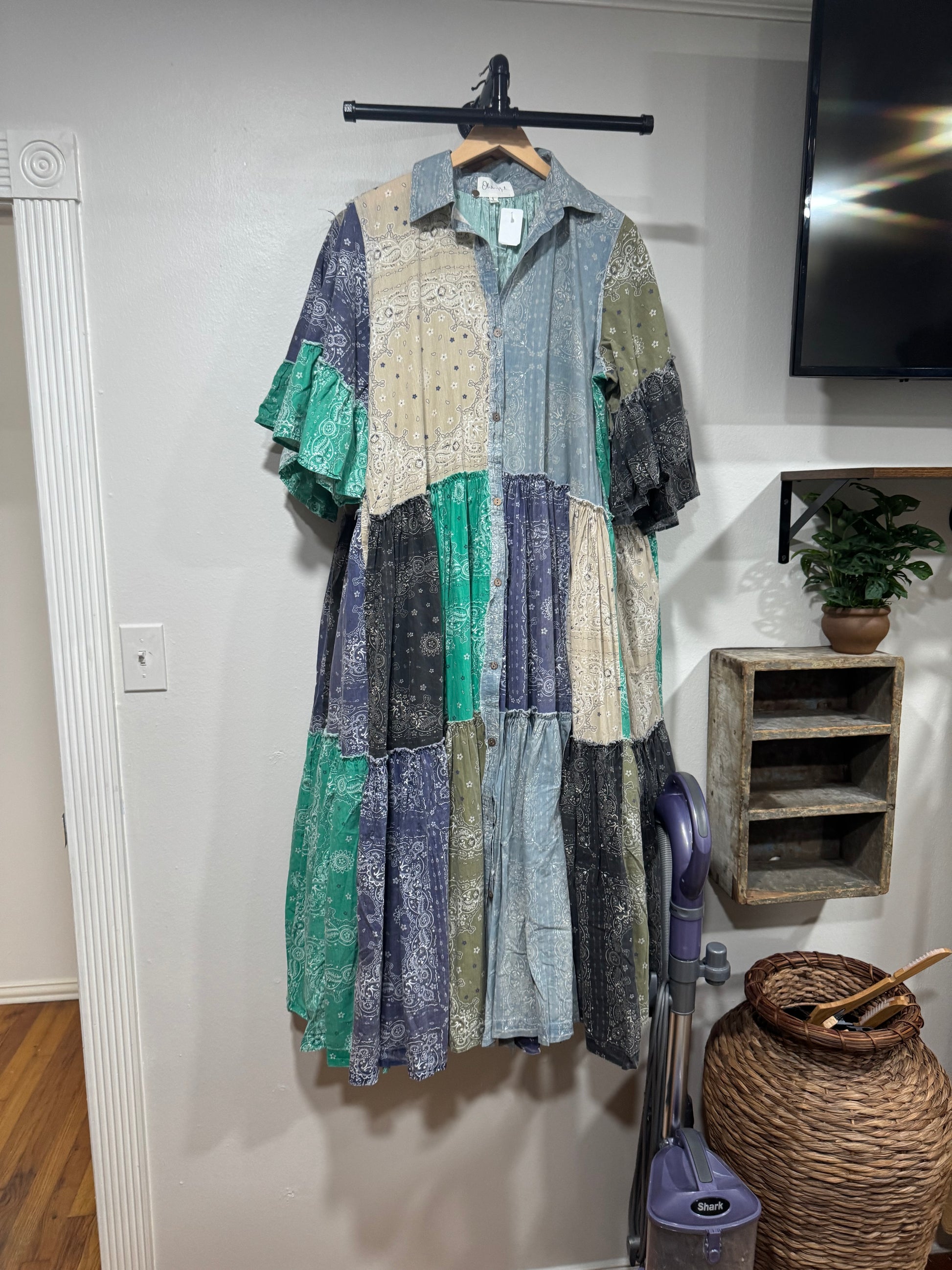 Kris Patchwork Ruffle Sleeve Shirt Maxi Dress