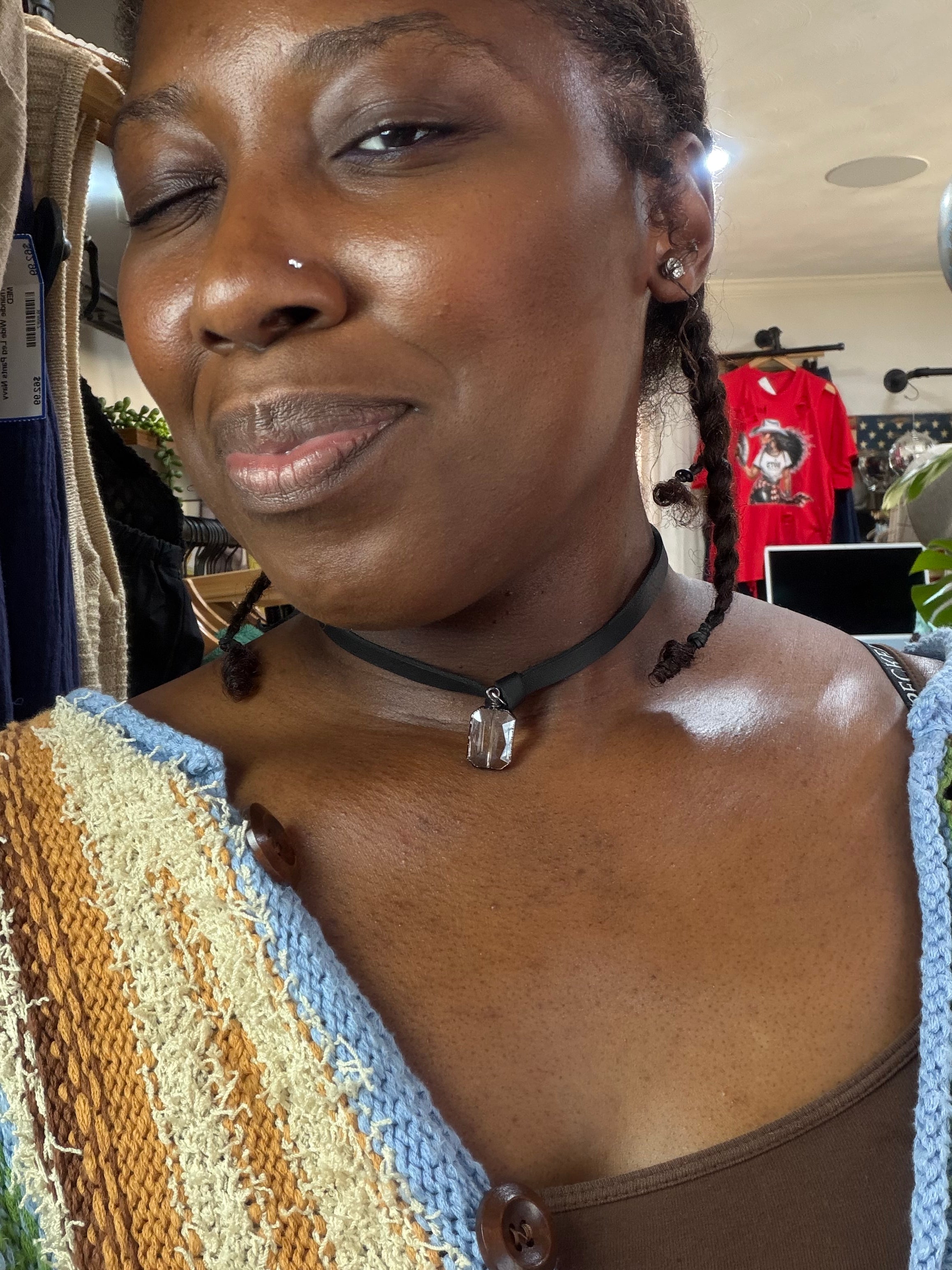 Leather Tie & Crystal Lined Bead Necklace (Black Leather)