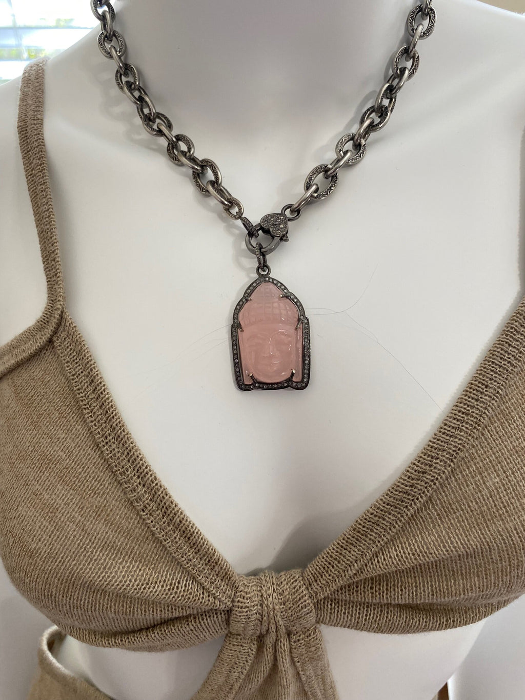 Rose Quartz Diamond Buddha Necklace