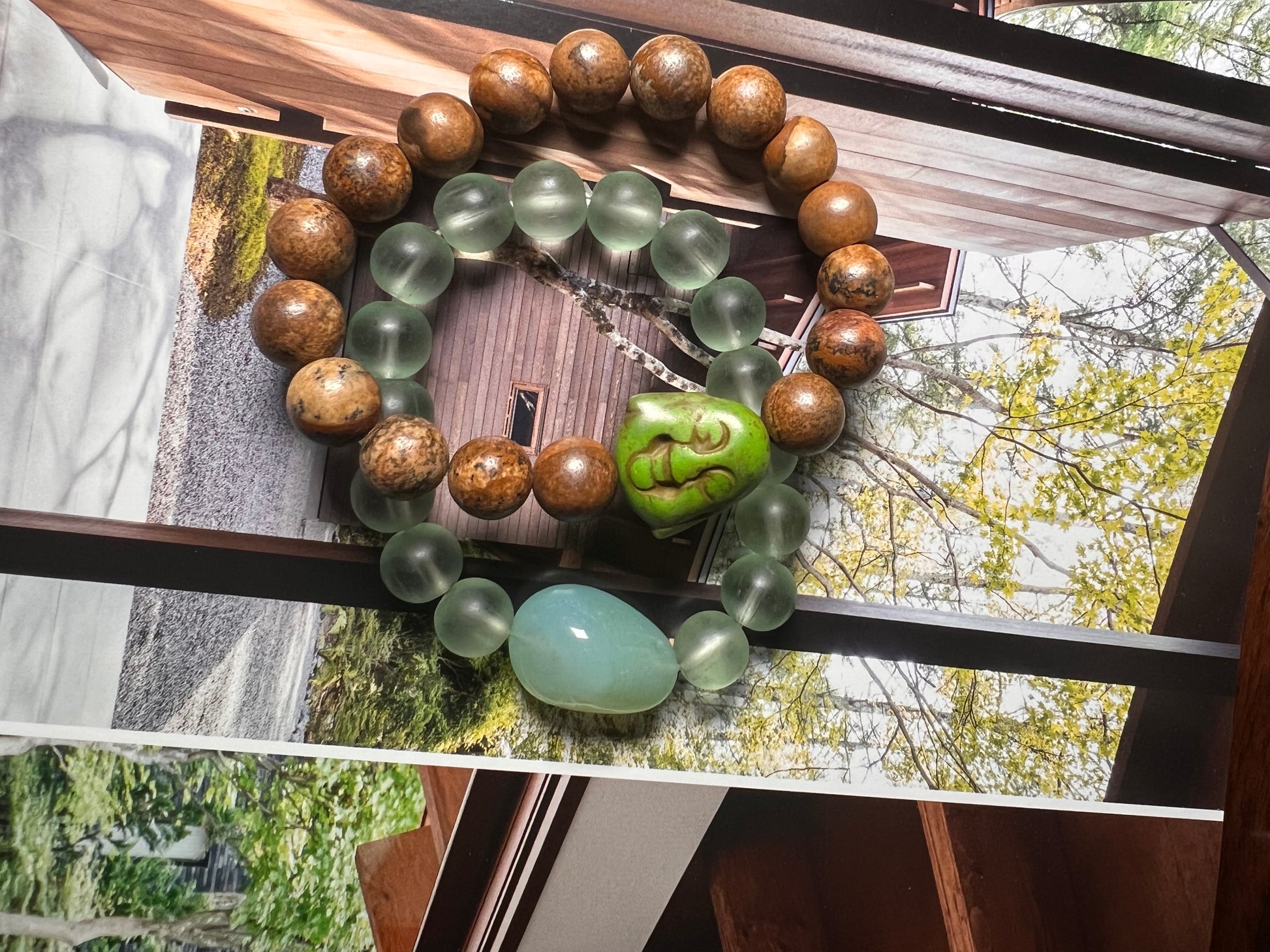 Picture Jasper Round beaded stretch bracelet w/ pear Buddha charm