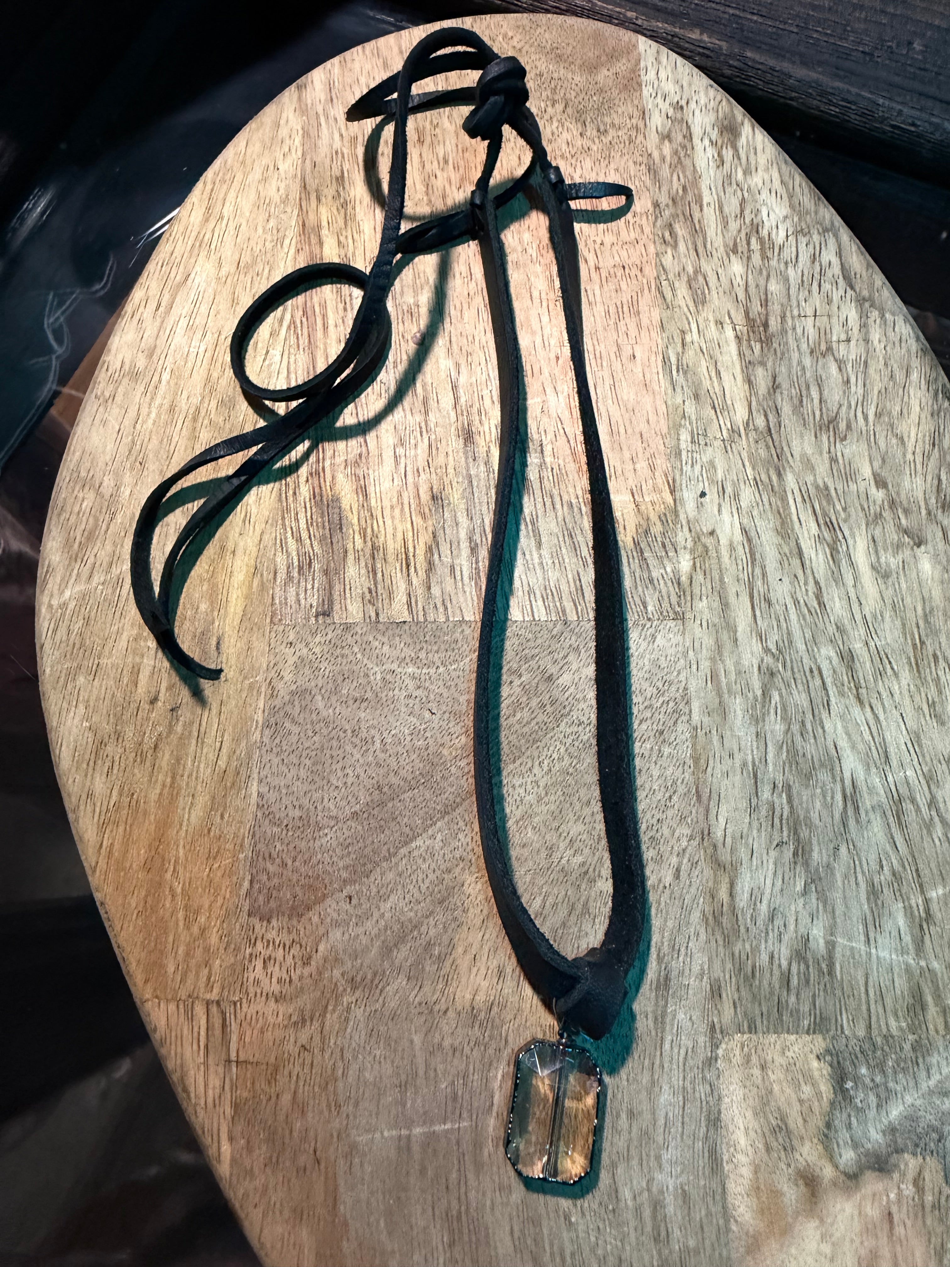 Leather Tie & Crystal Lined Bead Necklace (Black Leather)