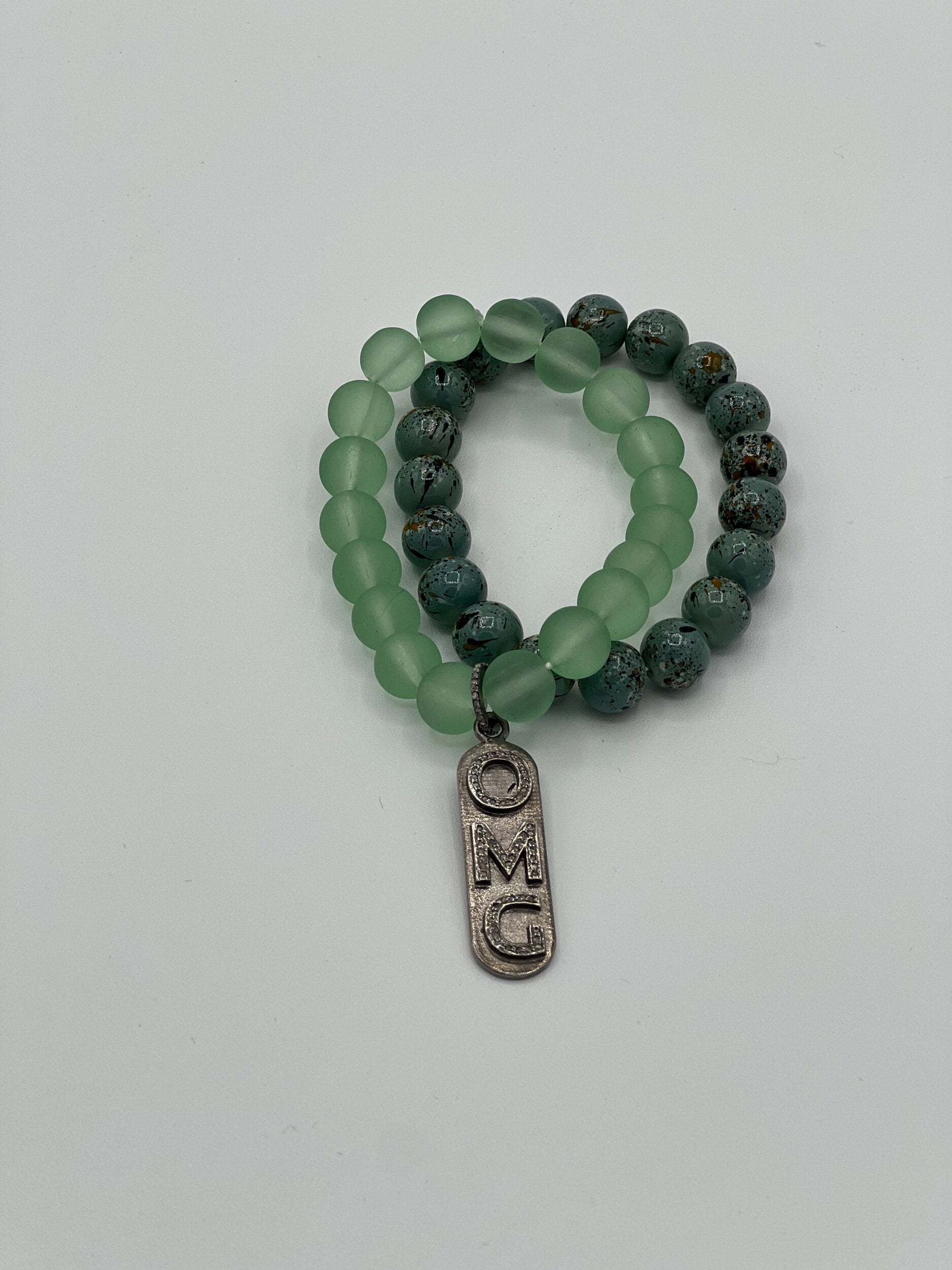 Light Azure Glass Bead Bracelet w/OMG charm (OAK)