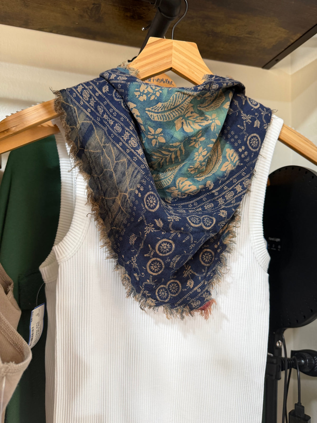Remi Denim Patchwork Print Triangle Fringe Scarf