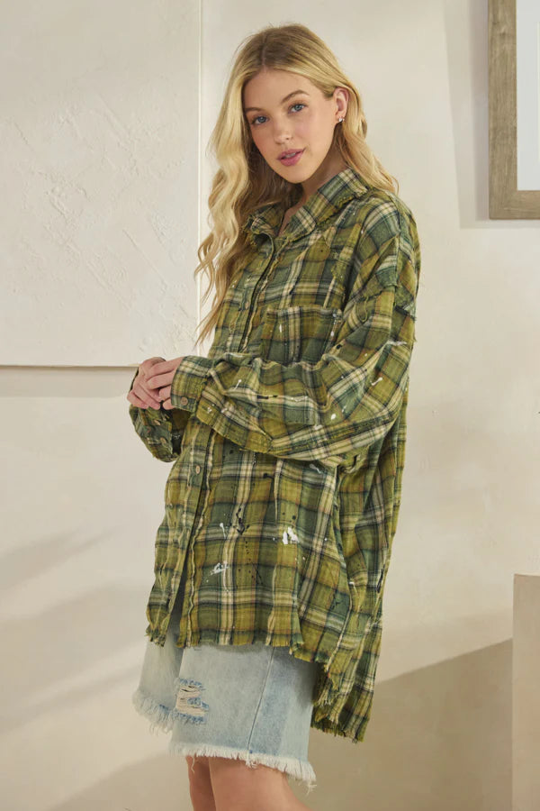 Evan Washed Plaid Button Long Sleeve Top