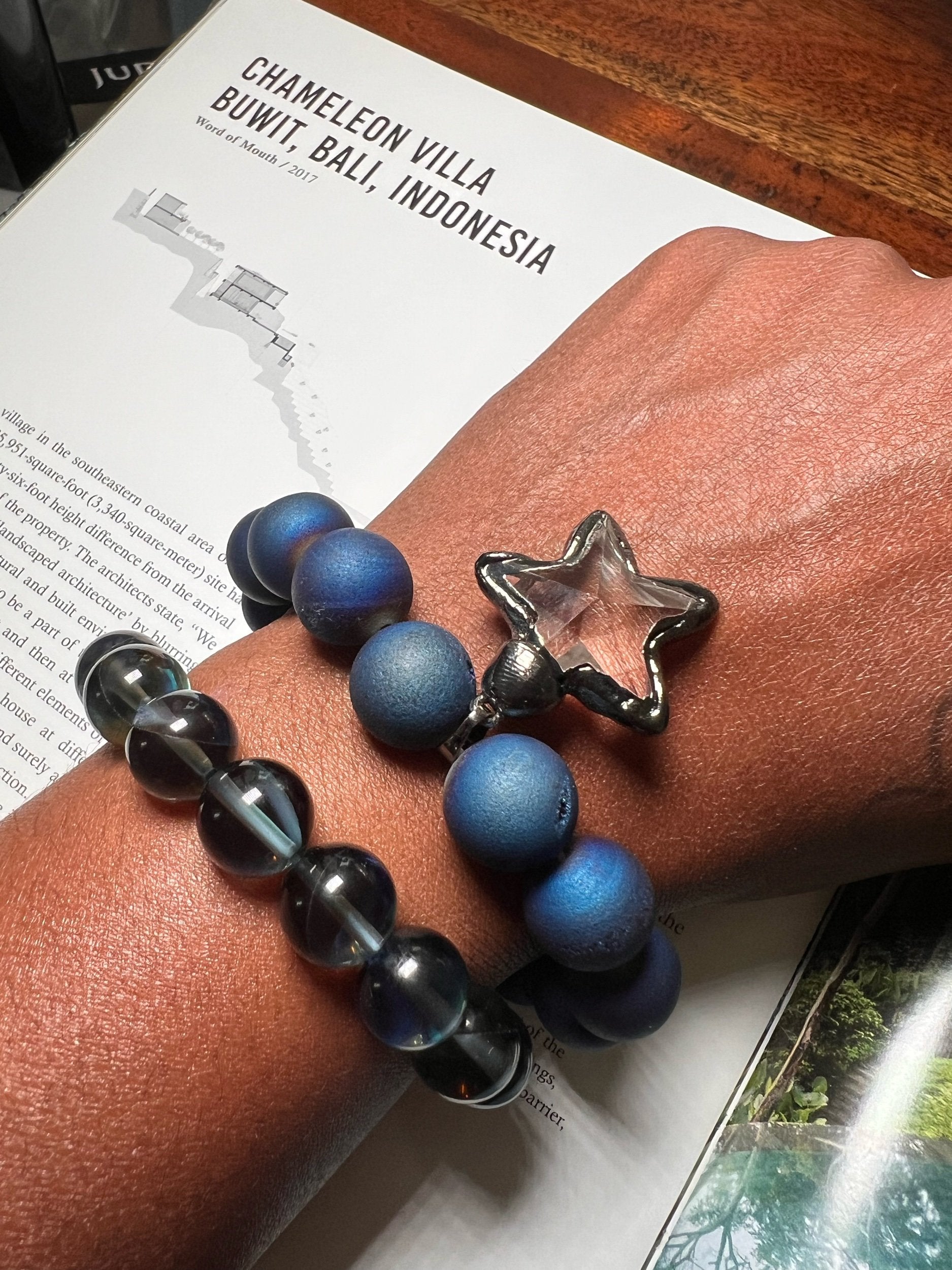 Dallas Blue Round Druzy Agate with Clear Star charm