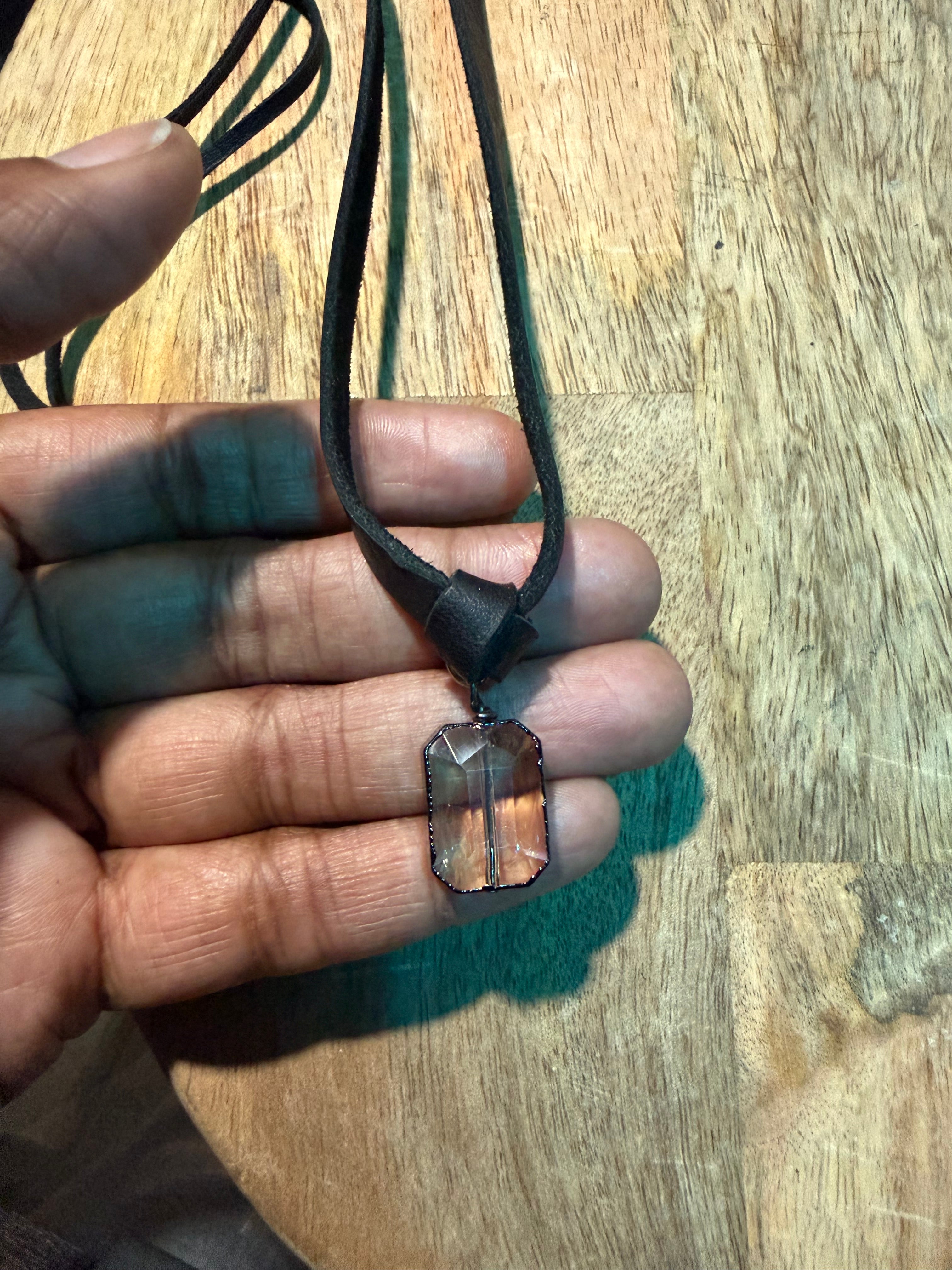 Leather Tie & Crystal Lined Bead Necklace (Black Leather)