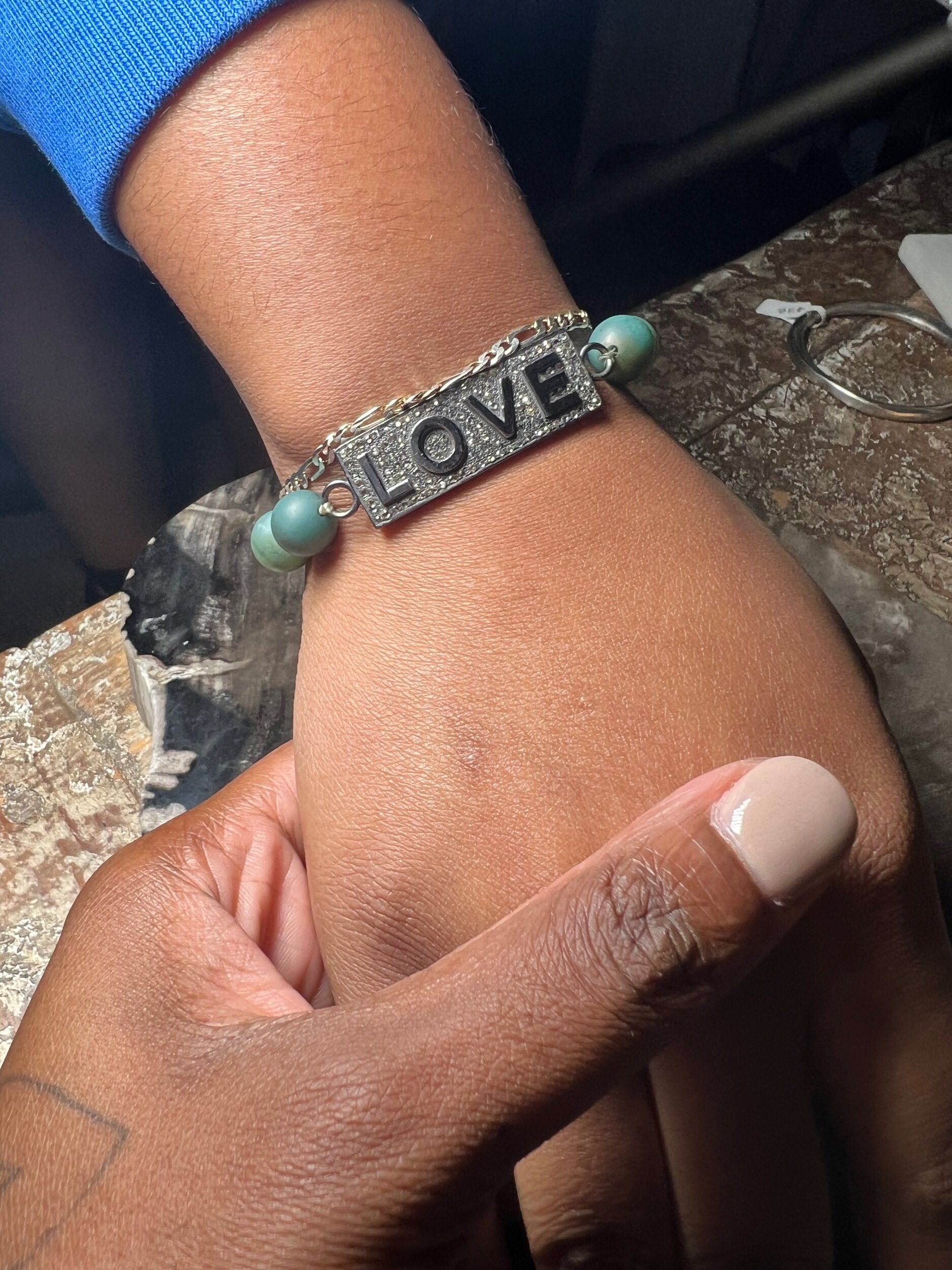 Diamond "Love" Bar on Green Agate (OAK)