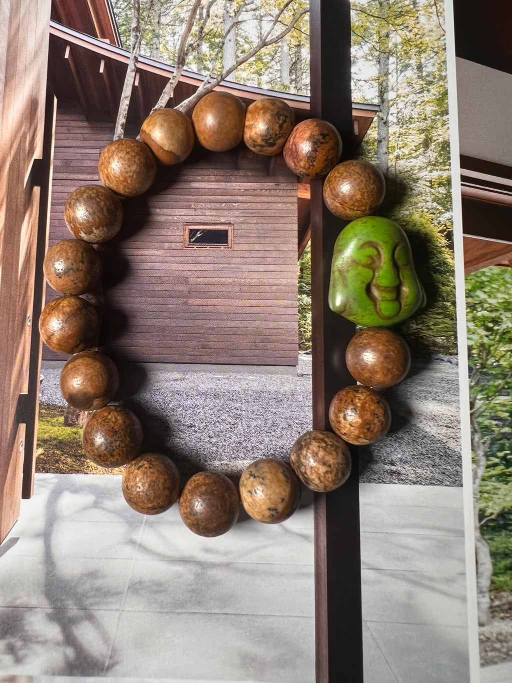 Picture Jasper Round beaded stretch bracelet w/ pear Buddha charm