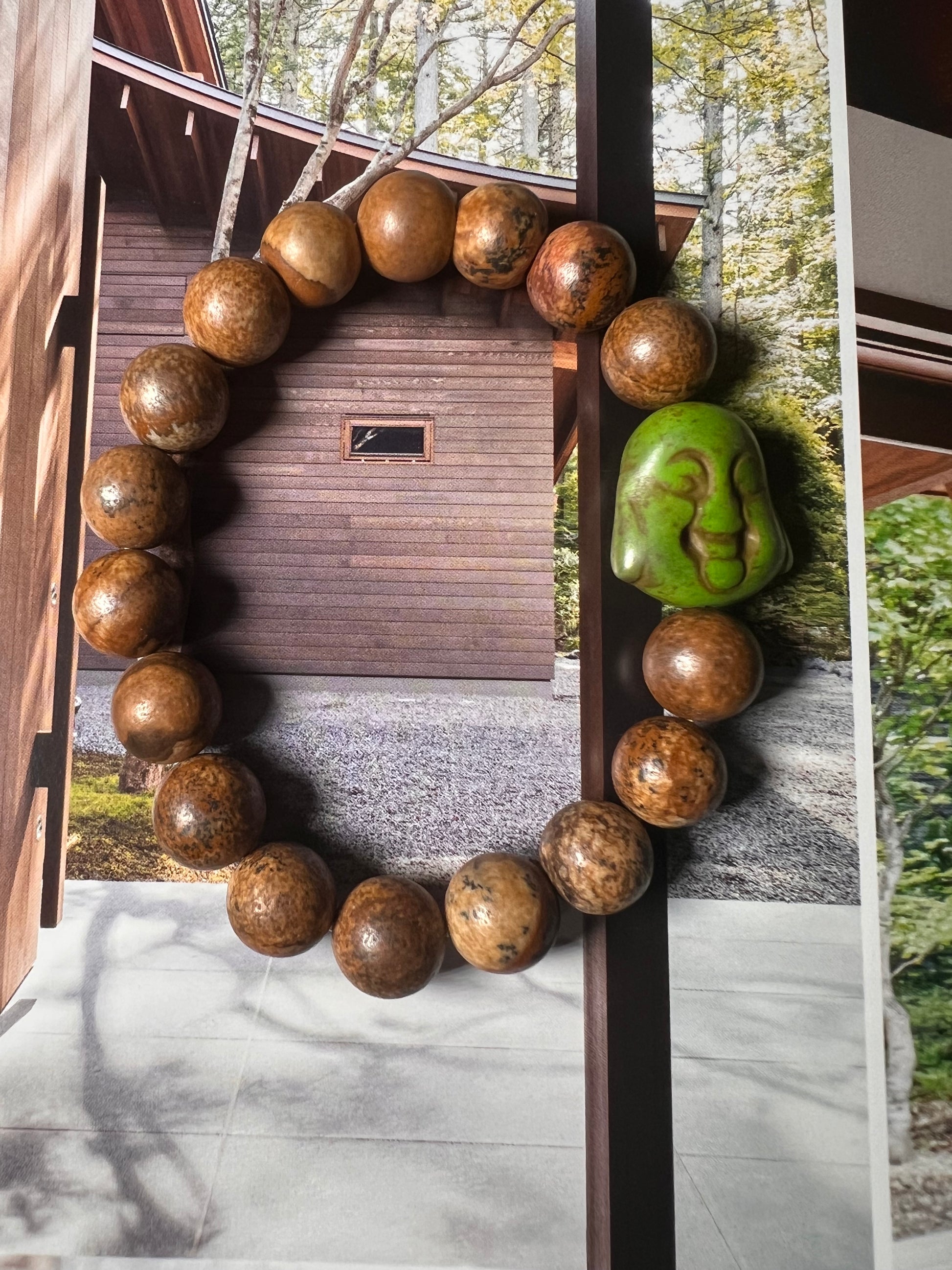 Picture Jasper Round beaded stretch bracelet w/ pear Buddha charm